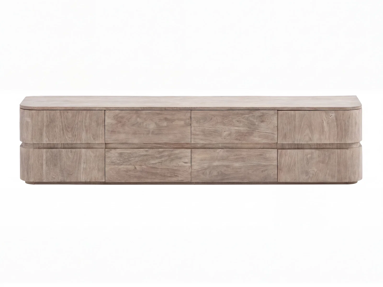 Freigestelltes Lowboard Kala aus Akazienholz, grau lackiert, Frontansicht mit 4 Schubladen und 2 Türen, 178 cm breit.
