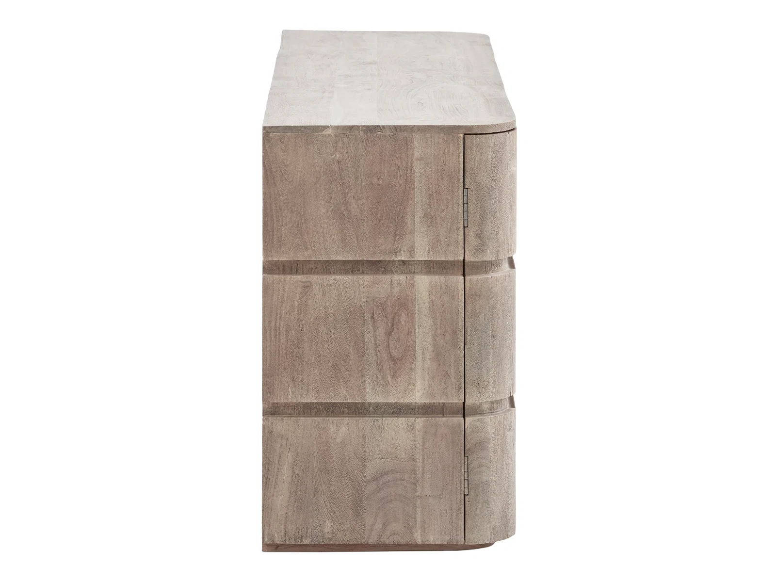 TV Sideboard Kala Akazie grau, Freisteller in Seitenansicht, detailreiche Holzmöbel-Produktaufnahme mit Türen und Lackoberfläche