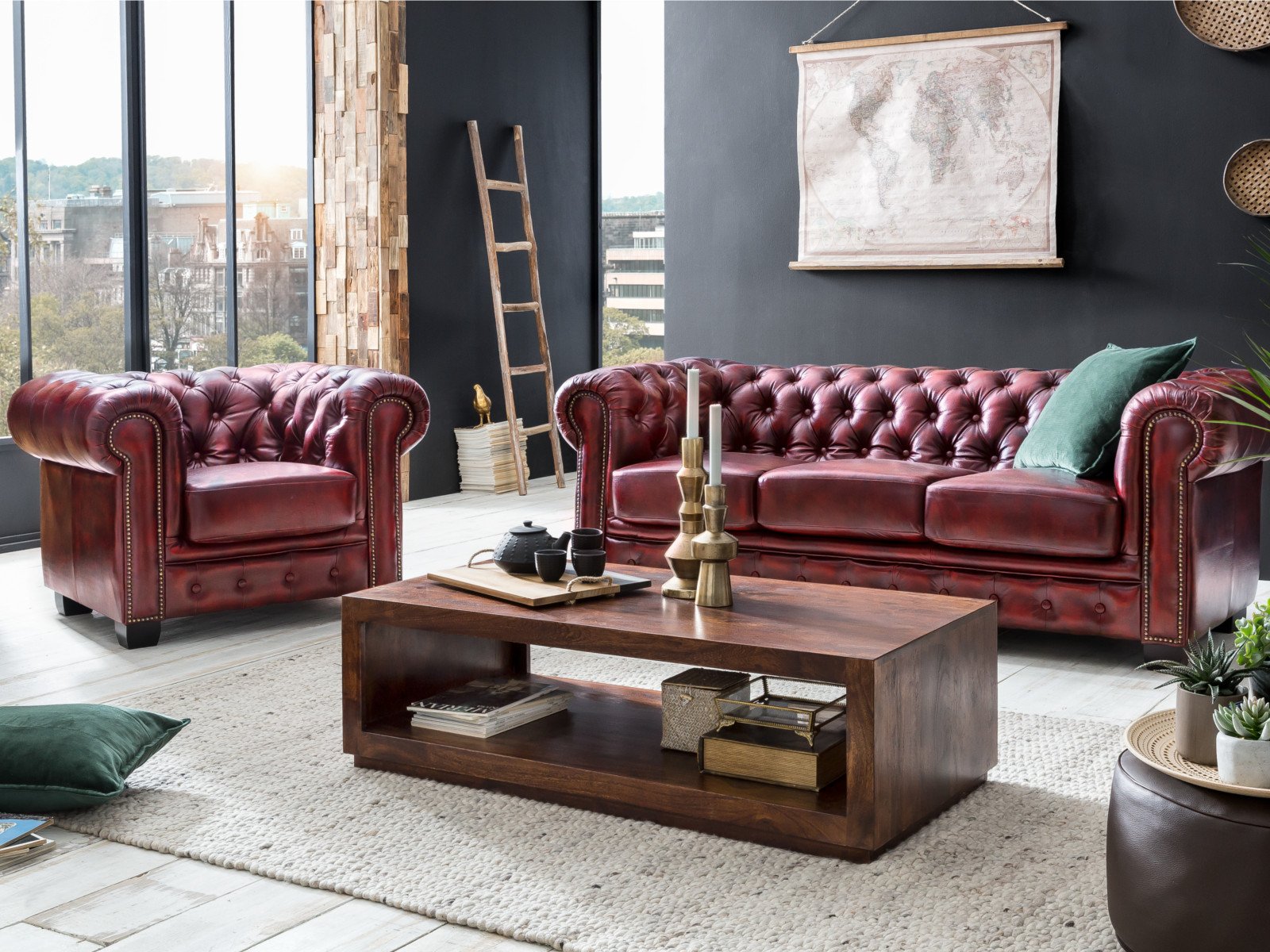 Sessel Chesterfield antik-rot Echtleder handgefertigt
