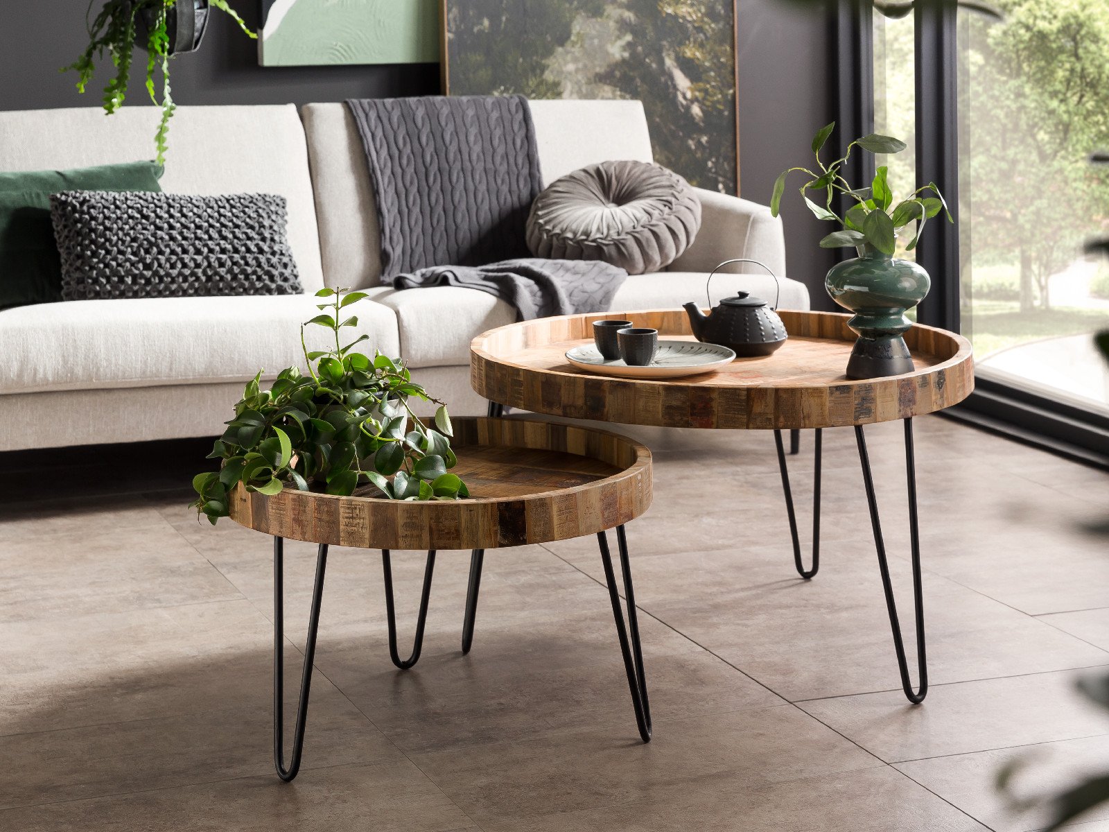 Couchtisch Set Corby aus Massivholz rund 2-teilig