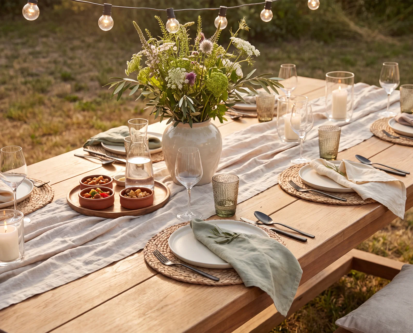 Gedeckter Holztisch mit hellen Textilien und Blumenarrangement als Inspiration für eine leichte sommerliche Tischgestaltung