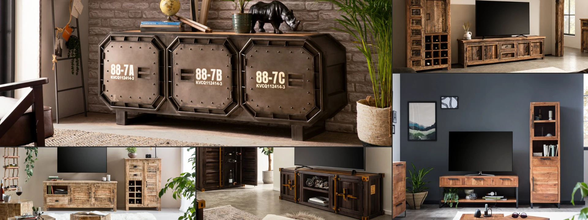 Modernes Massivholz-TV-Lowboard im hellen Wohnzimmer, warmes Holzfinish, minimalistisch-skandinavischer Stil mit Dekoration und Pflanzen