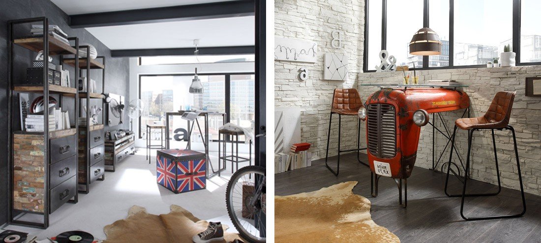 Collage im Industrie-Wohnstil: Loft-Ambiente mit rustikalen Holzmöbeln, Metallakzenten, Backsteinwand und warmem Licht – urbaner Vintage-Look für Wohnzimmer und Essbereich.