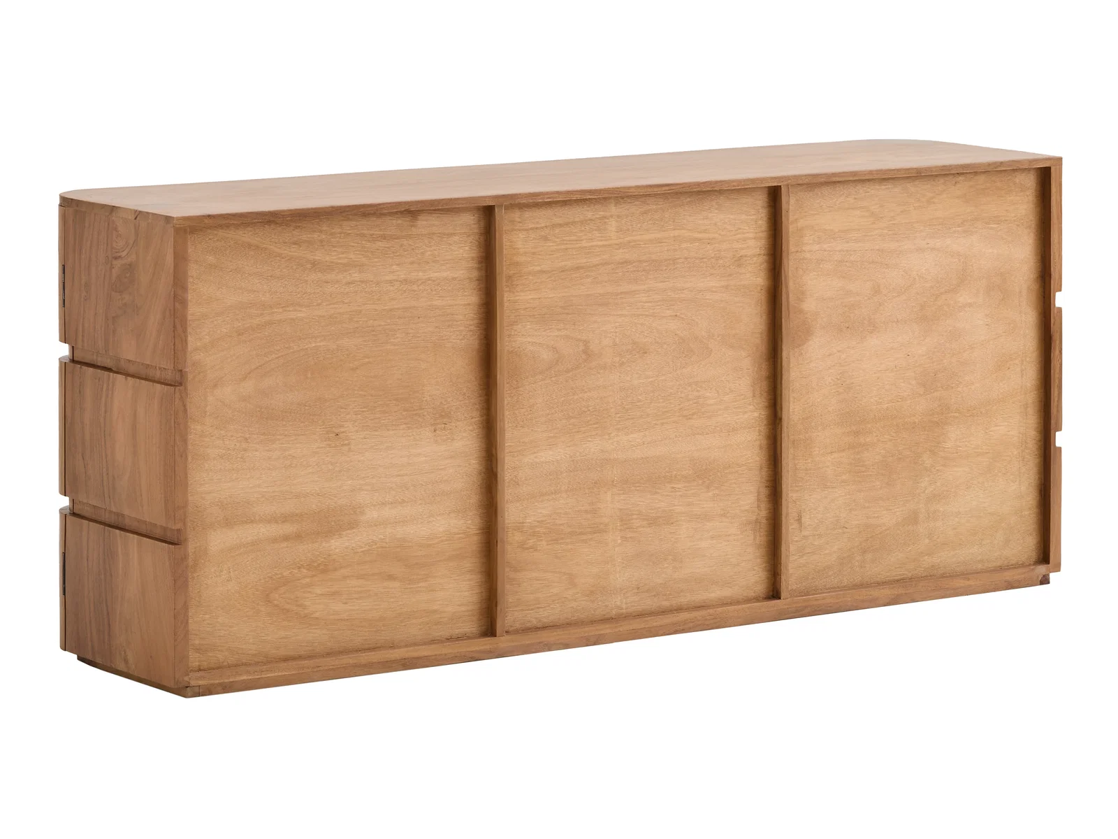 Sideboard Kala aus Akazienholz, braun, Freisteller in Frontansicht, Rückansicht mit 3 Türen und 3 Schubladen