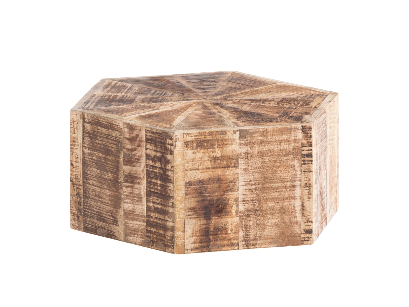 Freisteller 45°-Ansicht: Couchtisch Caribou aus lackiertem Mangoholz (natur, sechseckig, 50×45×50 cm)