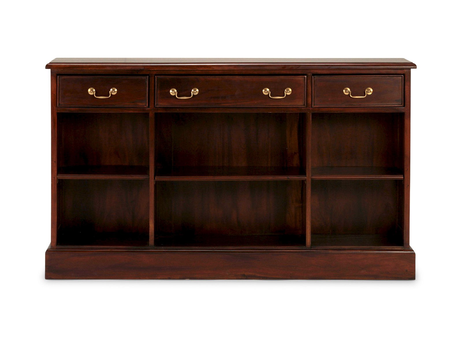 Sideboard Cambridge I Freisteller Frontansicht, lackiertem Mahagoni in Braun mit 3 Schubladen & 6 offenen Fächern, B153×H110×T36?cm