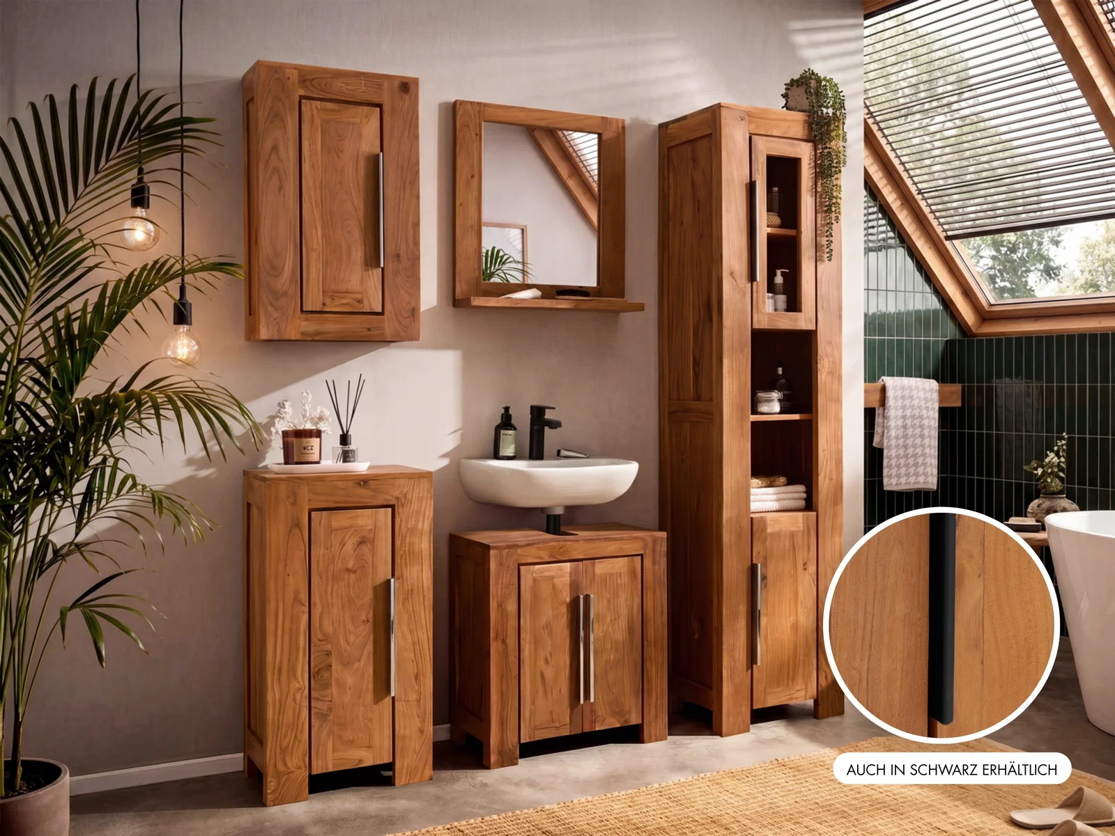 5-teiliges Badset Osbon aus Akazienholz mit silbernen Metallgriffen, als Wohnbeispiel in moderner Badansicht mit offenem Hochschrank, Waschtisch, Spiegelschrank und Unterschrank.
