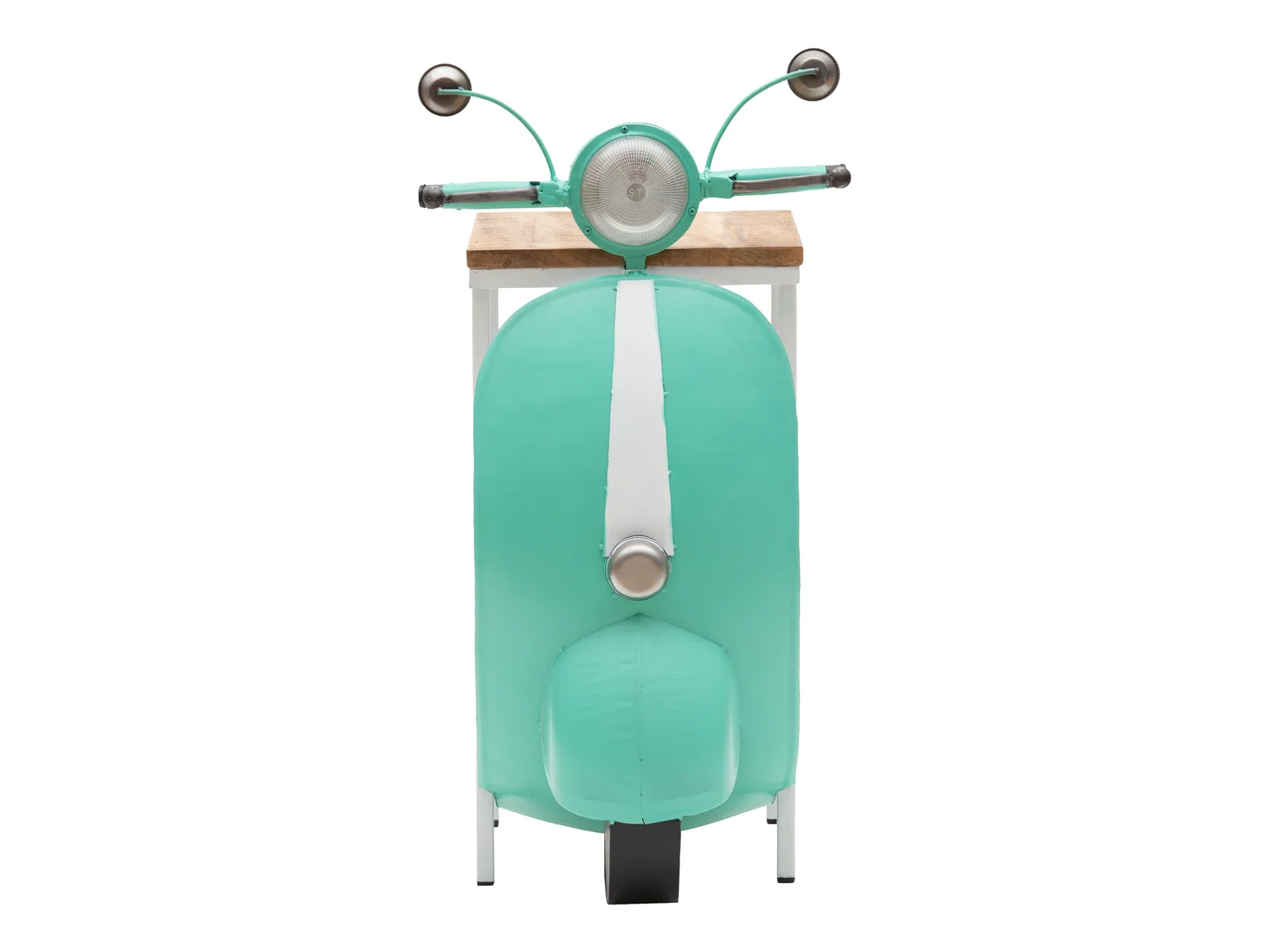 Freisteller: Konsolentisch Scooter Micro Mint aus lackiertem Metall in Mintgrün, Frontansicht mit Scooter-Design und Holzplatte, Produktfoto.