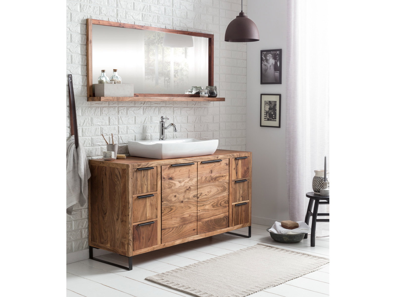 Waschtisch Sydney 138 × 74 × 45 cm aus lackierter heller Akazie, 2 Türen, 6 Schubladen, Wohnbeispiel, 45°-Ansicht