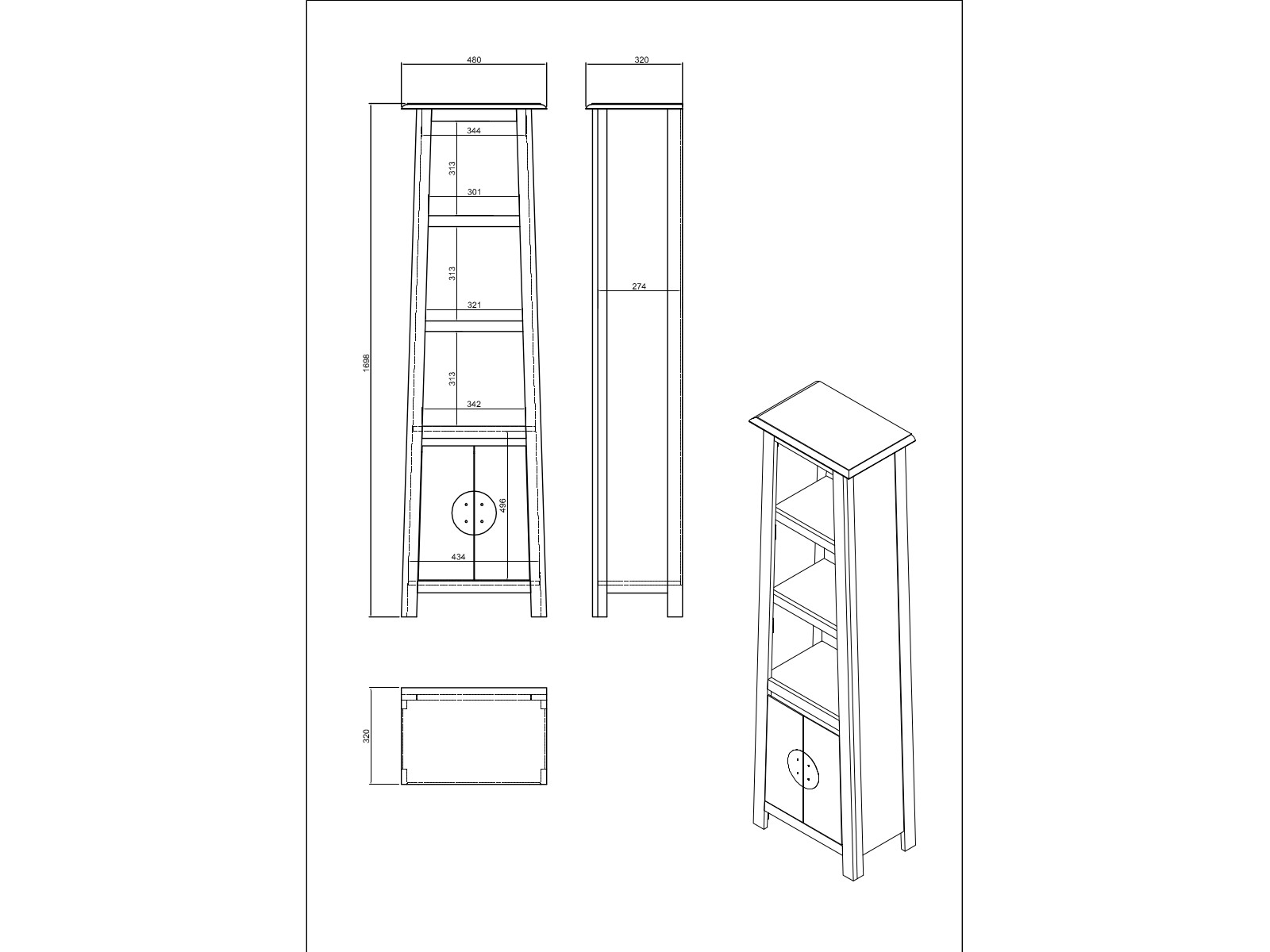 Technische Zeichnung Hochschrank Rangun, isometrische sowie Front-&-Seitenansicht, Maße 48×32×170 cm, lackierte Pinie