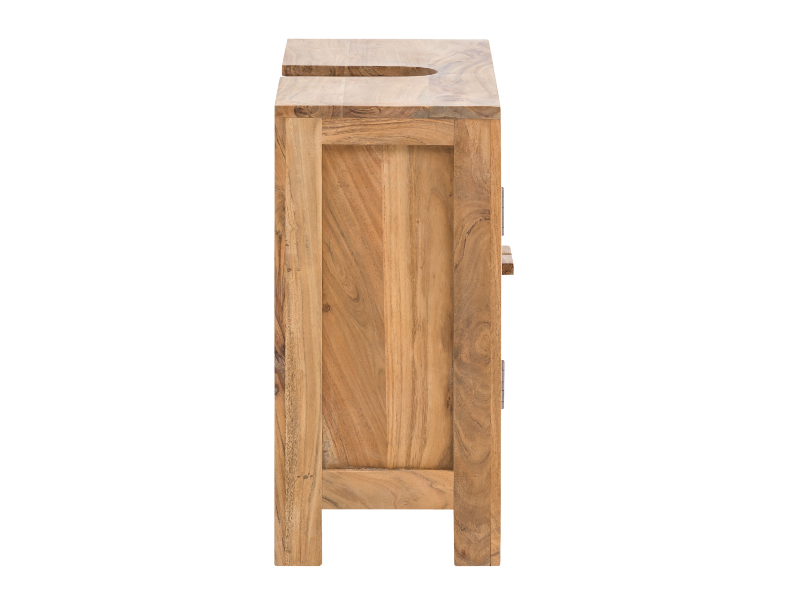 Freisteller-Seitenansicht des Waschbeckenunterschranks Matay aus Akazienholz (67×61×30 cm) lackiert in Natur mit zwei Türen.