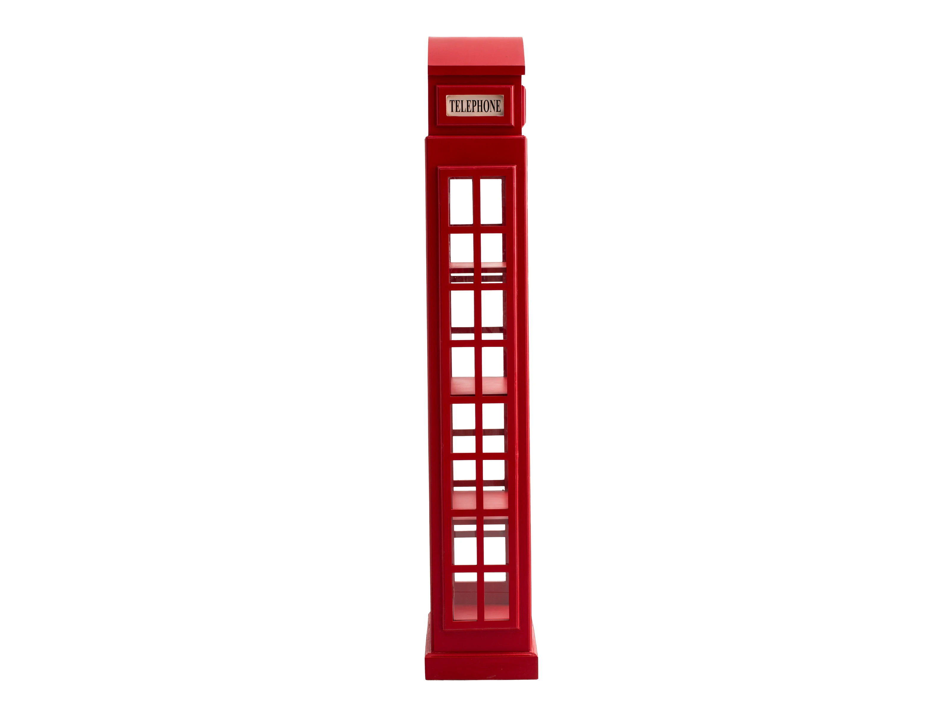 Bücherregal Telefonzelle, Freisteller-Frontansicht, lackiertes Holz, rot, 205×72×32 cm, 4 offene Fächer zur Buchpräsentation Bücherregal Telefonzelle, Freisteller-Frontansicht, lackiertes Holz, rot, 205×72×32 cm, 4 offene Fächer zur Buchpräsentation
