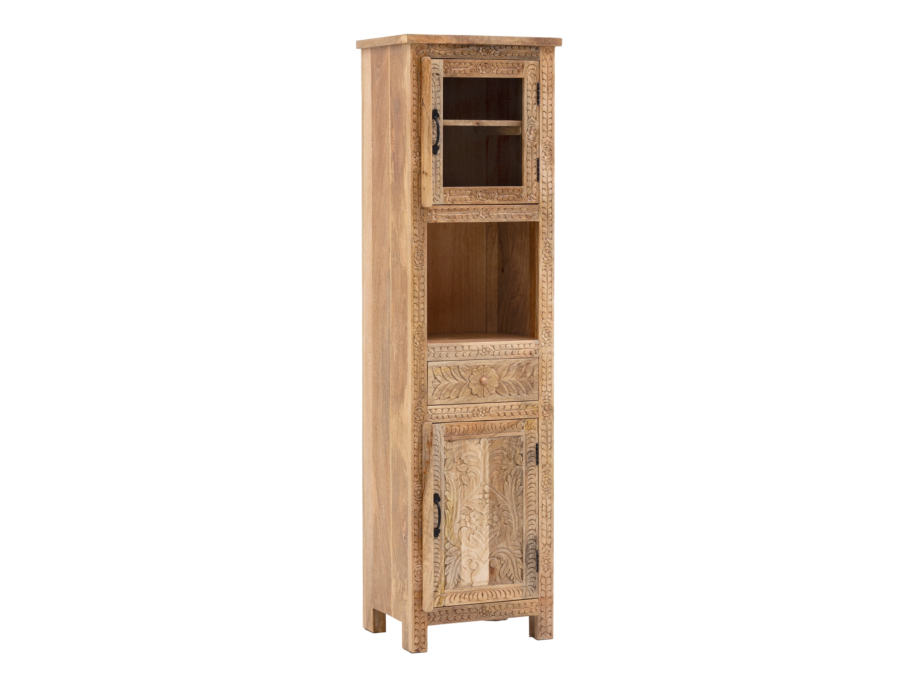 Hochschrank Santa Cruz natur Freisteller 45°-Ansicht – detailreiche Produktansicht des schmalen Mango-Holz-Schranks (B40×H180×T45 cm) mit 2 Türen, 1 Schublade, 1 offenem Fach, lackiert, braun Badmöbel Set Santa Cruz natur