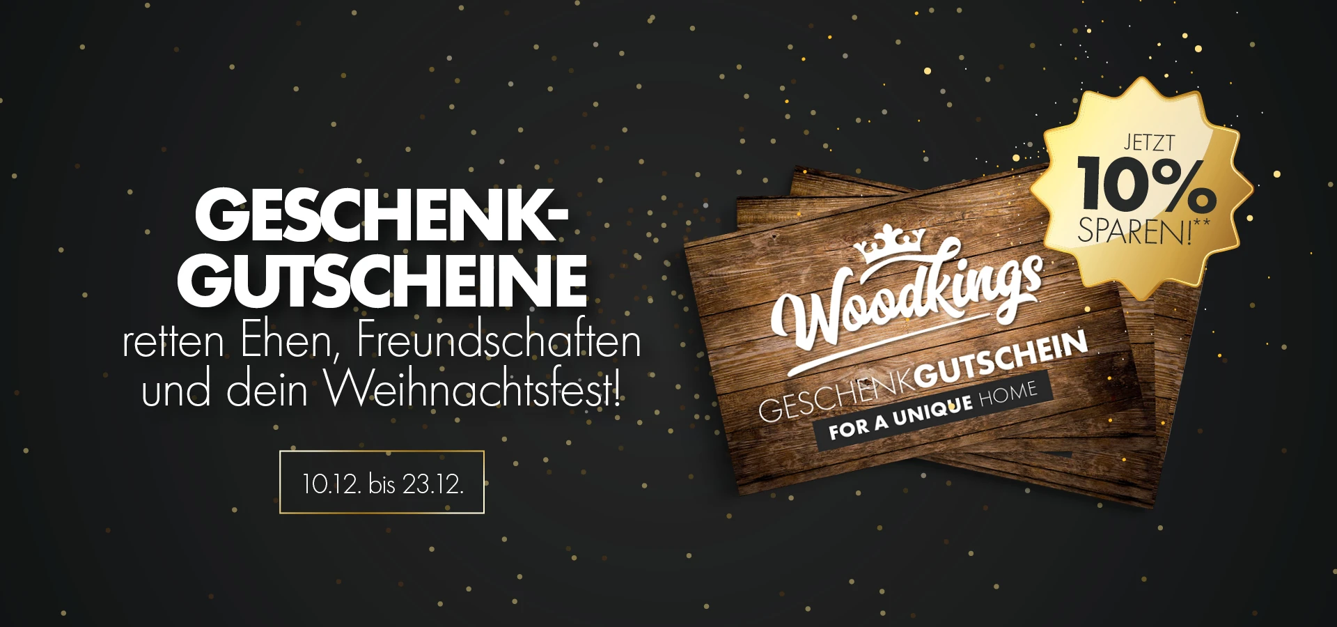 WoodKings Weihnachtsgutschein 2024 – festlicher Geschenkgutschein mit Logo auf Holzdesign.
