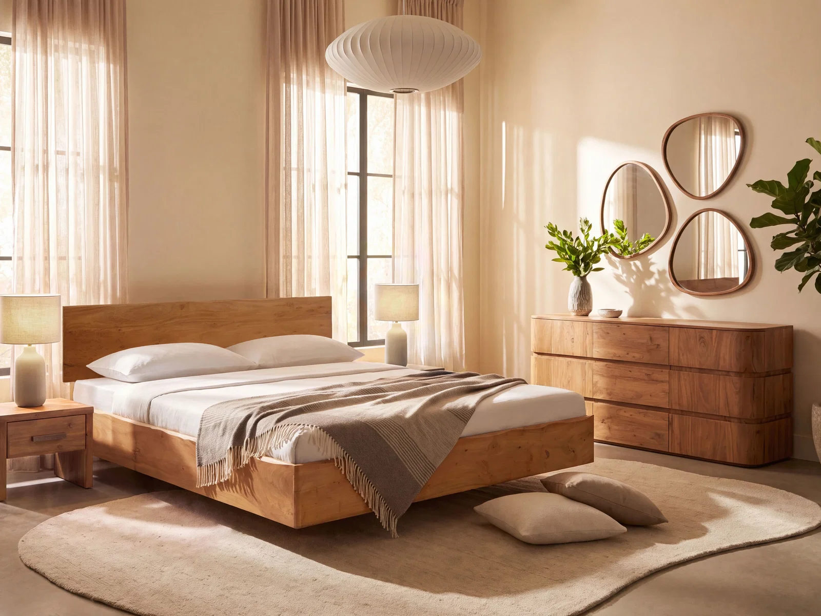 Bett Saipan 180x200 aus Akazienholz in 45-Grad-Ansicht als Wohnbeispiel, mit Kopfteil, Nachttischen und modernem Schlafzimmer-Interieur.