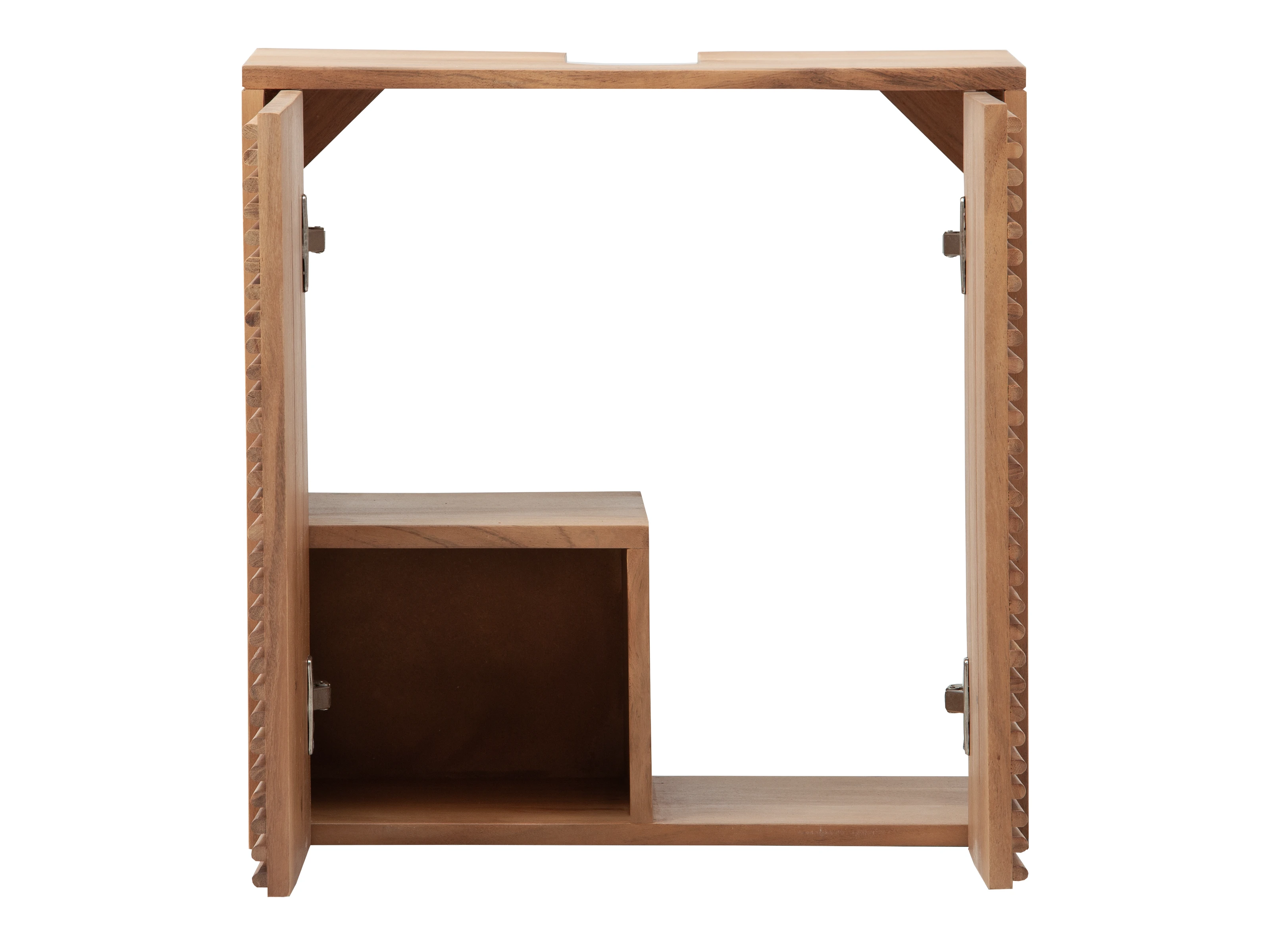 Badmöbel-Set Kali Akazie Freisteller, Frontansicht geöffnet: lackiertes Akazienholz-Regal mit offenem Innenfach, braun