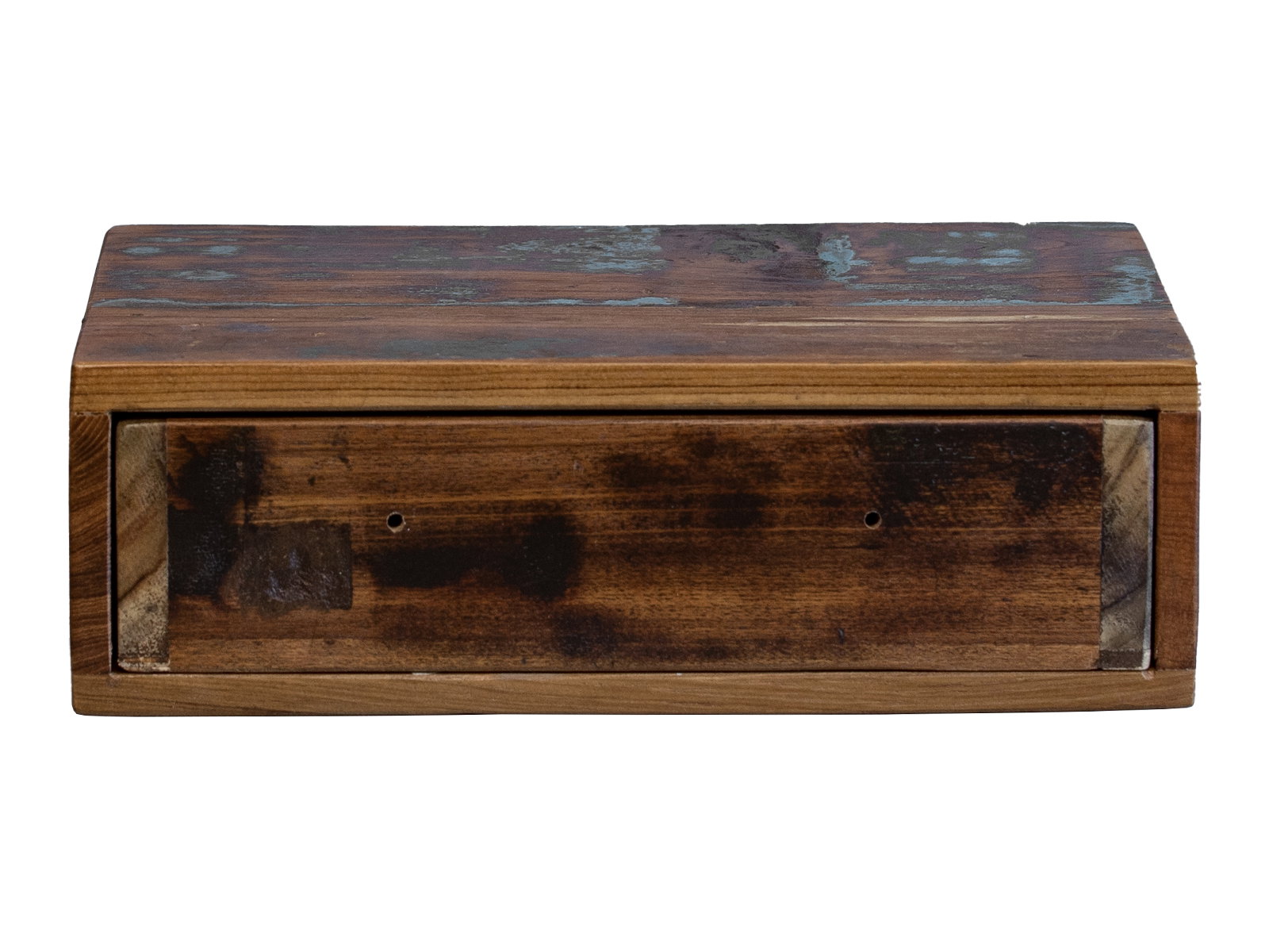 Freisteller Frontansicht: Wandboard mit verstecktem Fach aus recyceltem Hartholz, mehrfarbig, lackiert, 35×11×22 cm