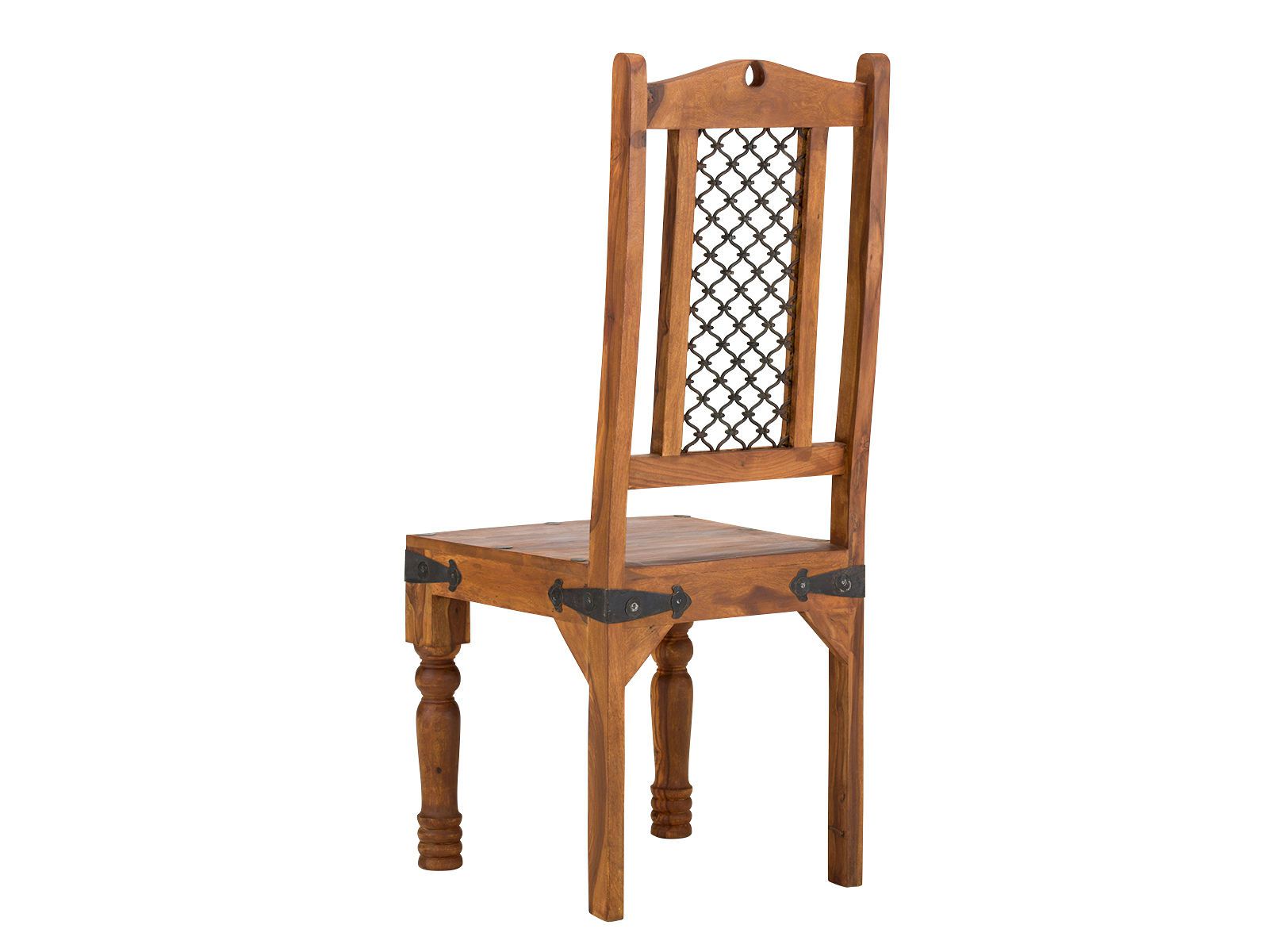 Freisteller-Seitenansicht eines Esszimmerstuhls Merlow aus lackierter Akazie (H110 × B45 × T45 cm), braunes Akazienholz