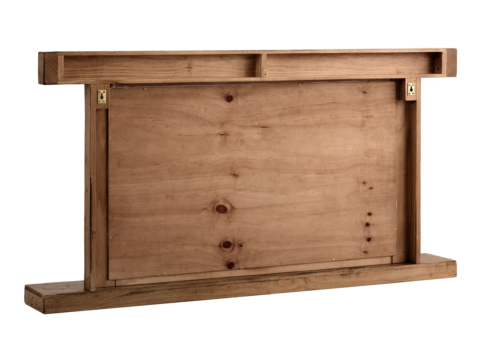 Spiegel Otago 150x80 Pinie, Rückansicht als Freisteller, rechteckiger Holzrahmen aus braun lackierter Pinie.