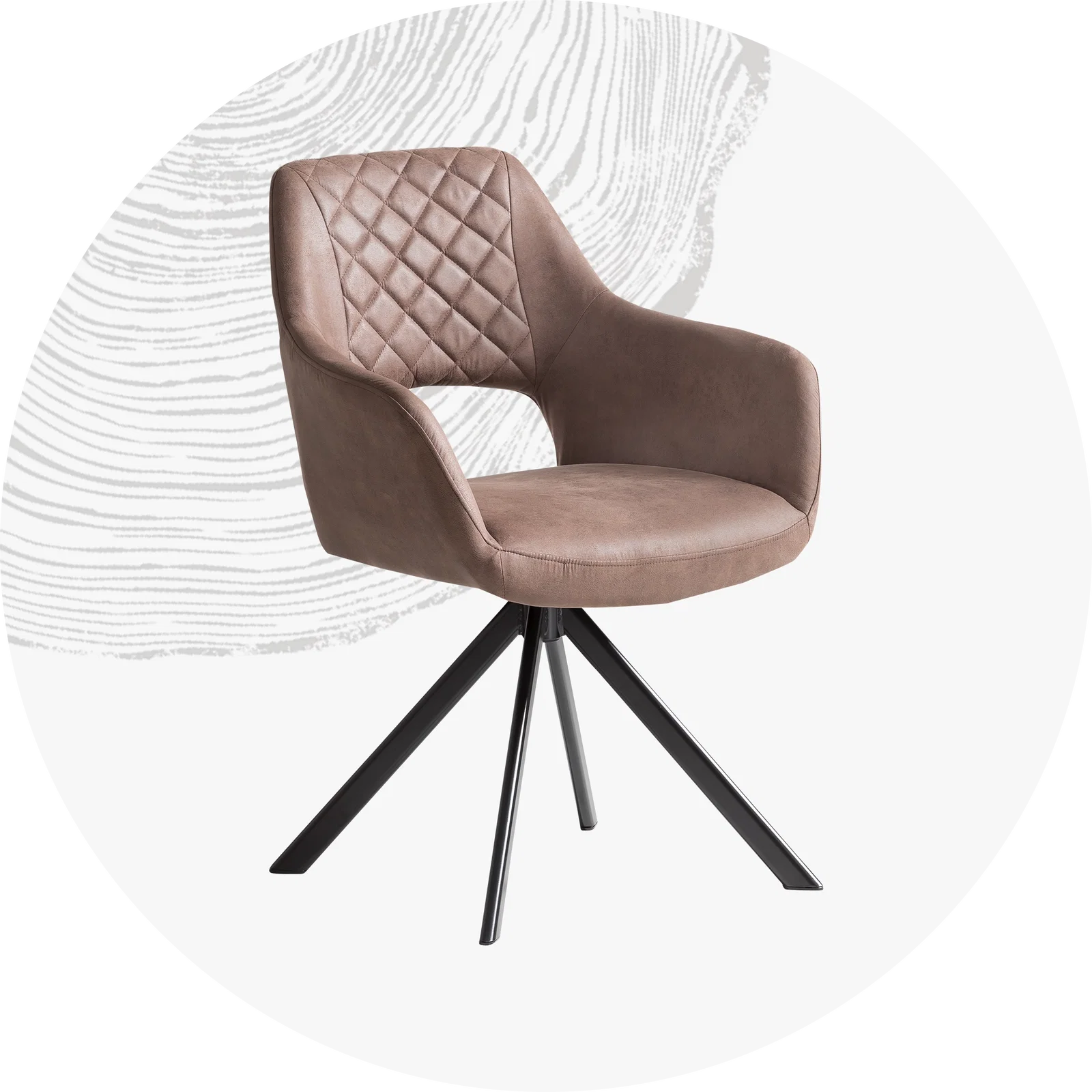 Moderner gepolsterter Esszimmerstuhl mit Stoffbezug und schlanken Holzbeinen, warmes Grau/Beige, skandinavischer Stil, komfortables Sitzpolster – ideal für Esszimmer und Wohnbereiche.