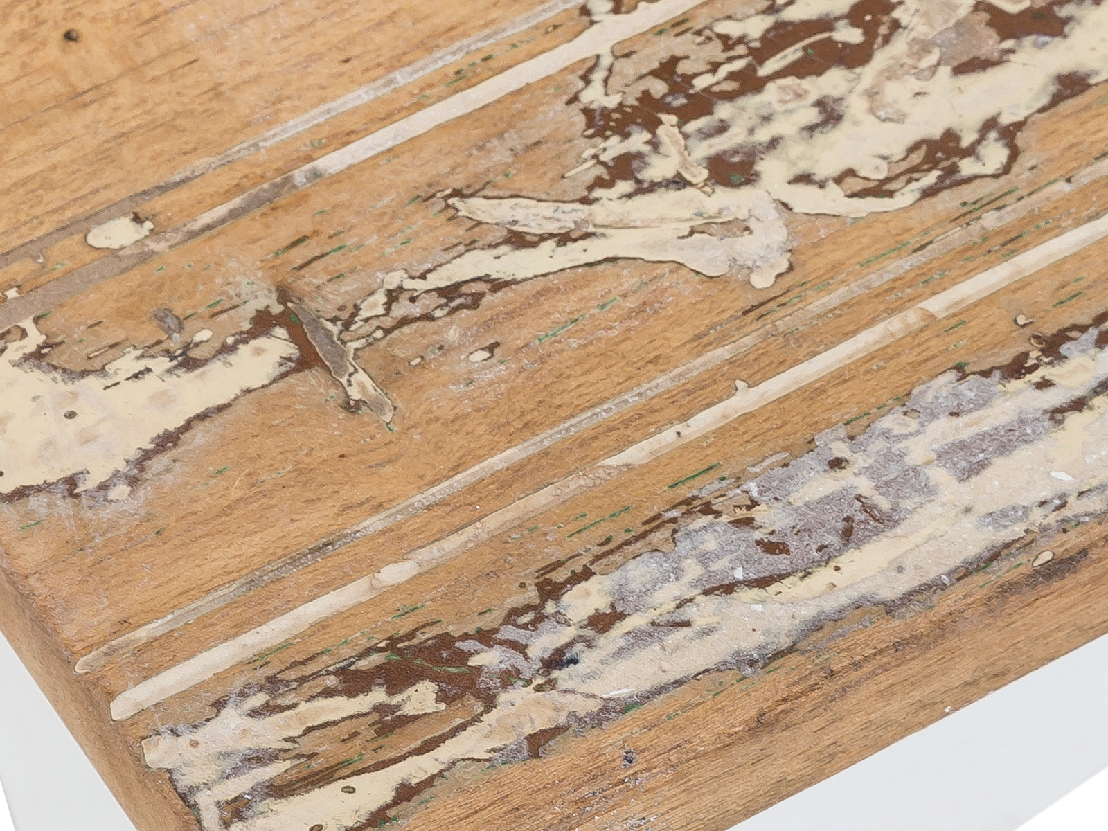 Detailansicht der lackierten, weiß-bunten recycelten Hartholz-Oberfläche des rechteckigen Esstisch Perth 180x90 cm