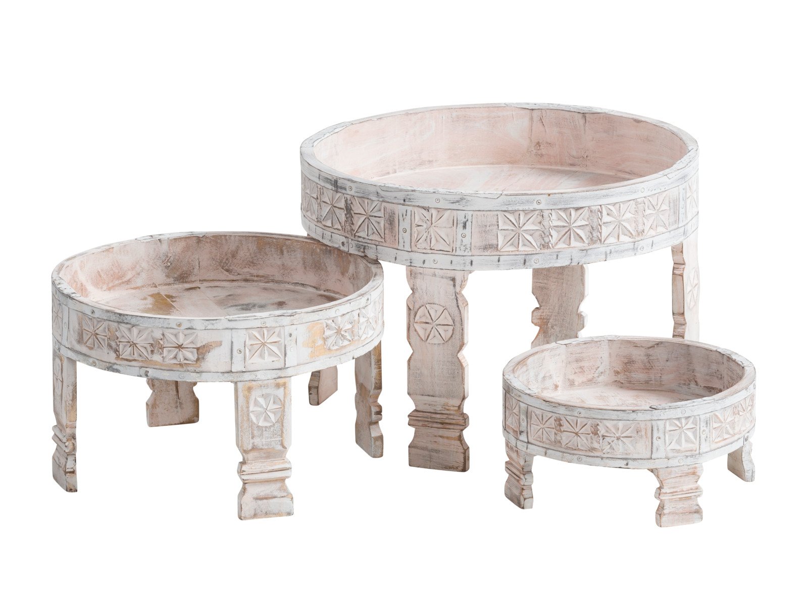 Couchtisch Chakki 3er Set Vintage Couchtisch Chakki 3er Set Holz - Mango 50x35x50 Schrägansicht