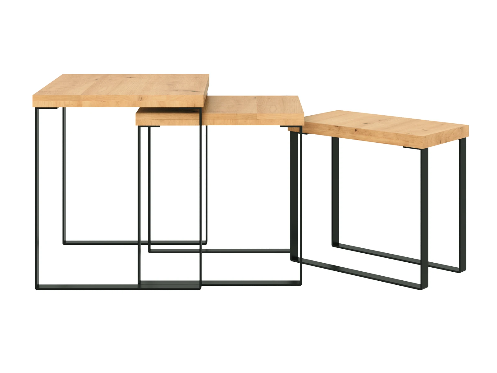 Freisteller, 45° Ansicht: 3er-Set Couchtisch „Sydney“ aus geölter Wildeiche (B46×H48×T42?cm) auf schwarzem Metallgestell. Freisteller, 45° Ansicht: 3er-Set Couchtisch „Sydney“ aus geölter Wildeiche (B46×H48×T42?cm) auf schwarzem Metallgestell.