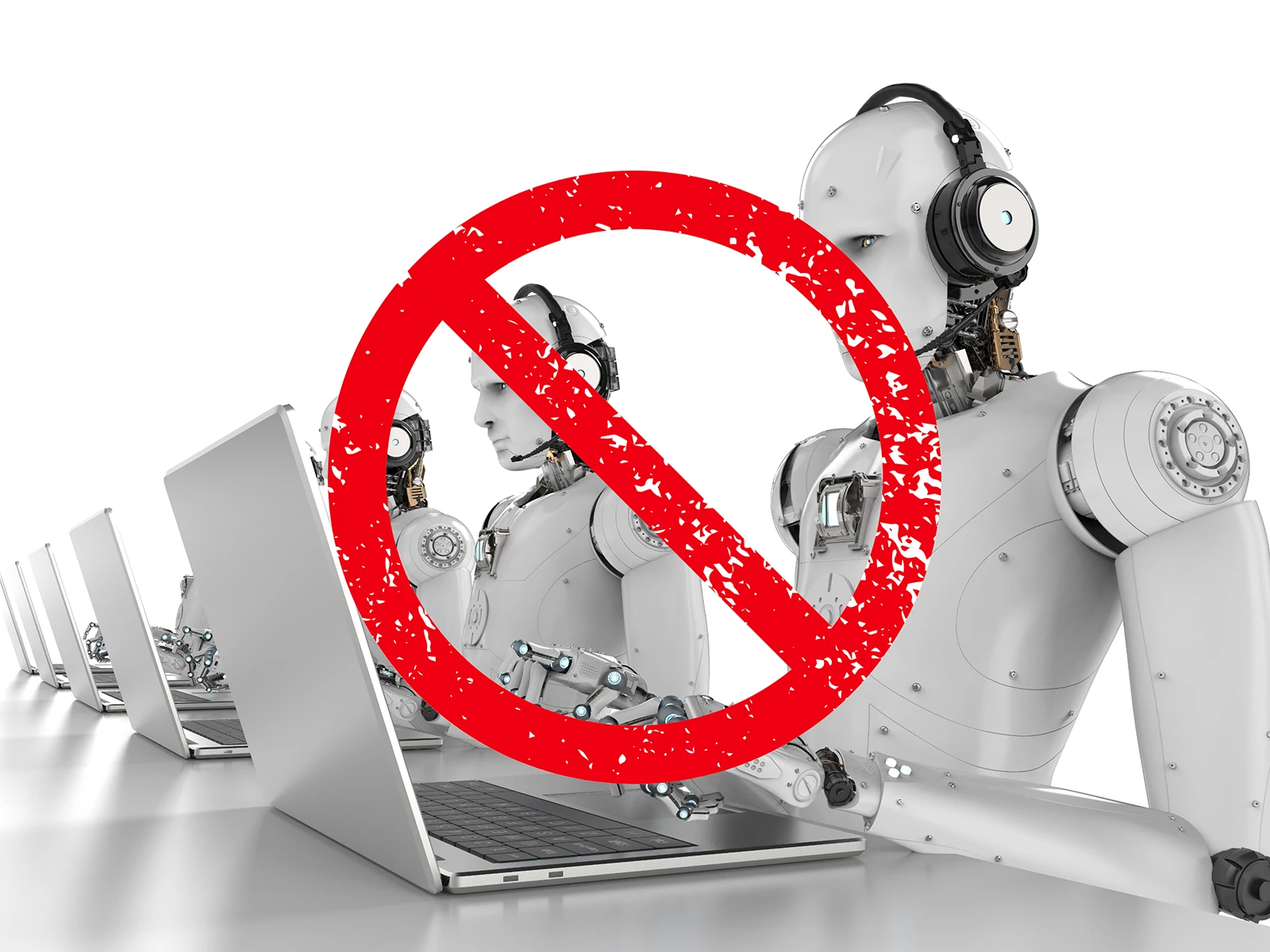 Durchgestrichenes Roboter-Icon in Schwarz auf weißem Hintergrund, schlichtes Warnsymbol gegen automatisierte Zugriffe