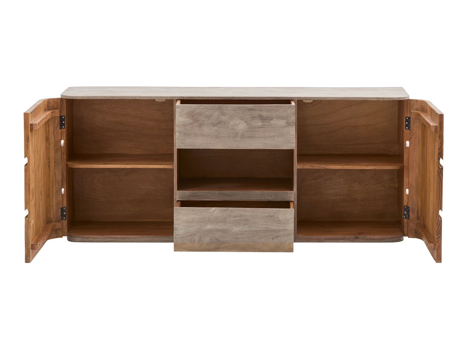 TV Sideboard Kala aus Akazienholz, graue Oberfläche, Freisteller in Frontansicht geöffnet mit 2 Türen, 2 Schubladen und offenem Fach