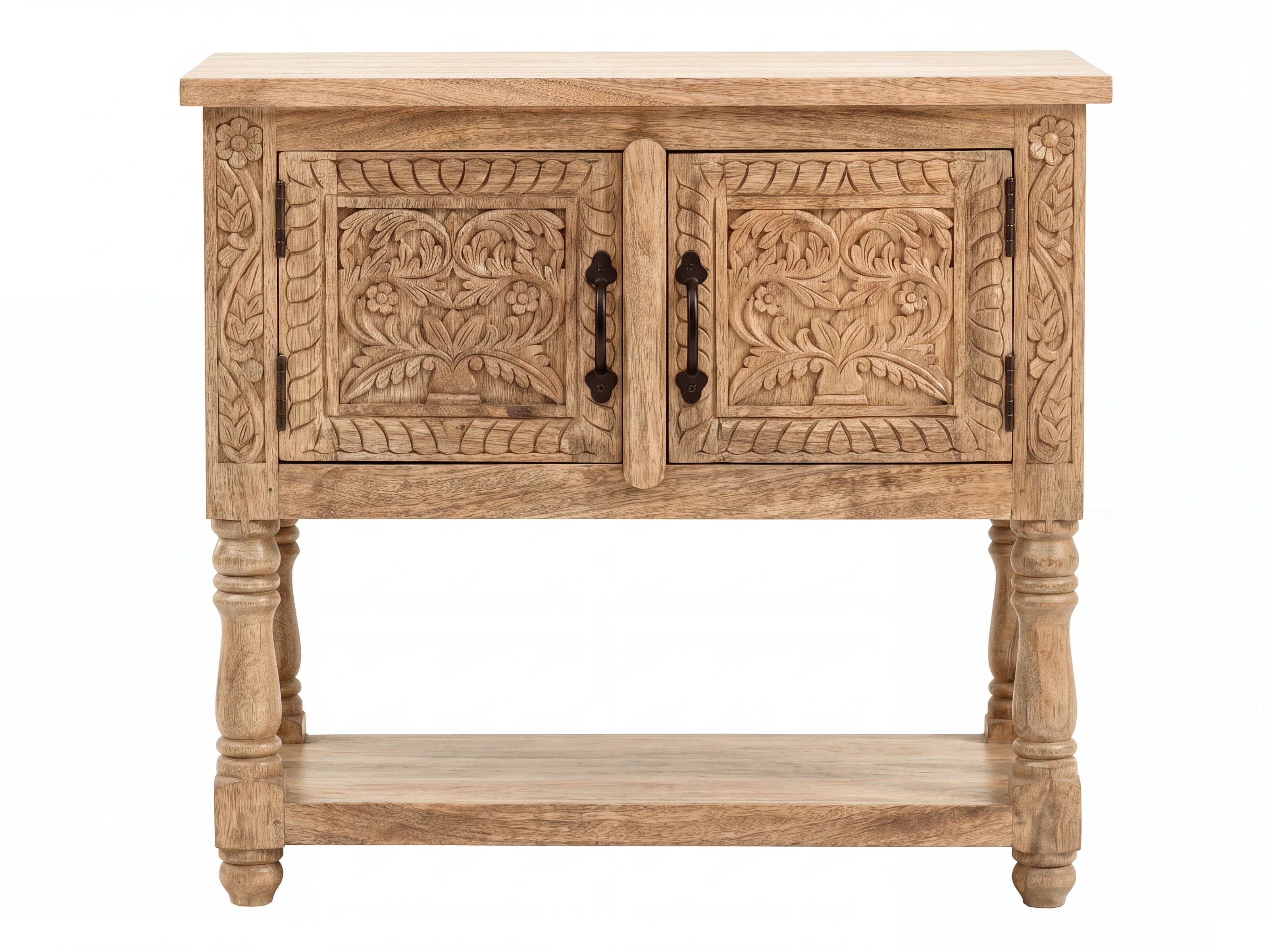 Waschtisch Santa Cruz natur aus Mango-Holz, Frontansicht als Freisteller, 2 Türen mit Schnitzereien und offenes Fach, detailreich präsentiert
