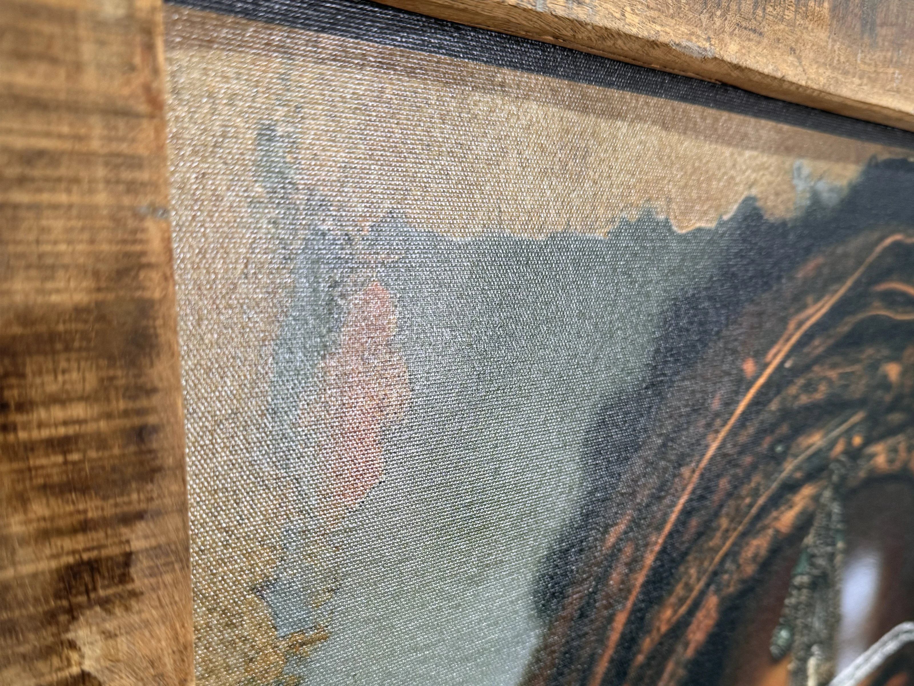 Detailbild Holzrahmen und Leinwandstruktur des 70×90 cm Canvas-Wandbilds „Earth Goddess“ aus Altholz