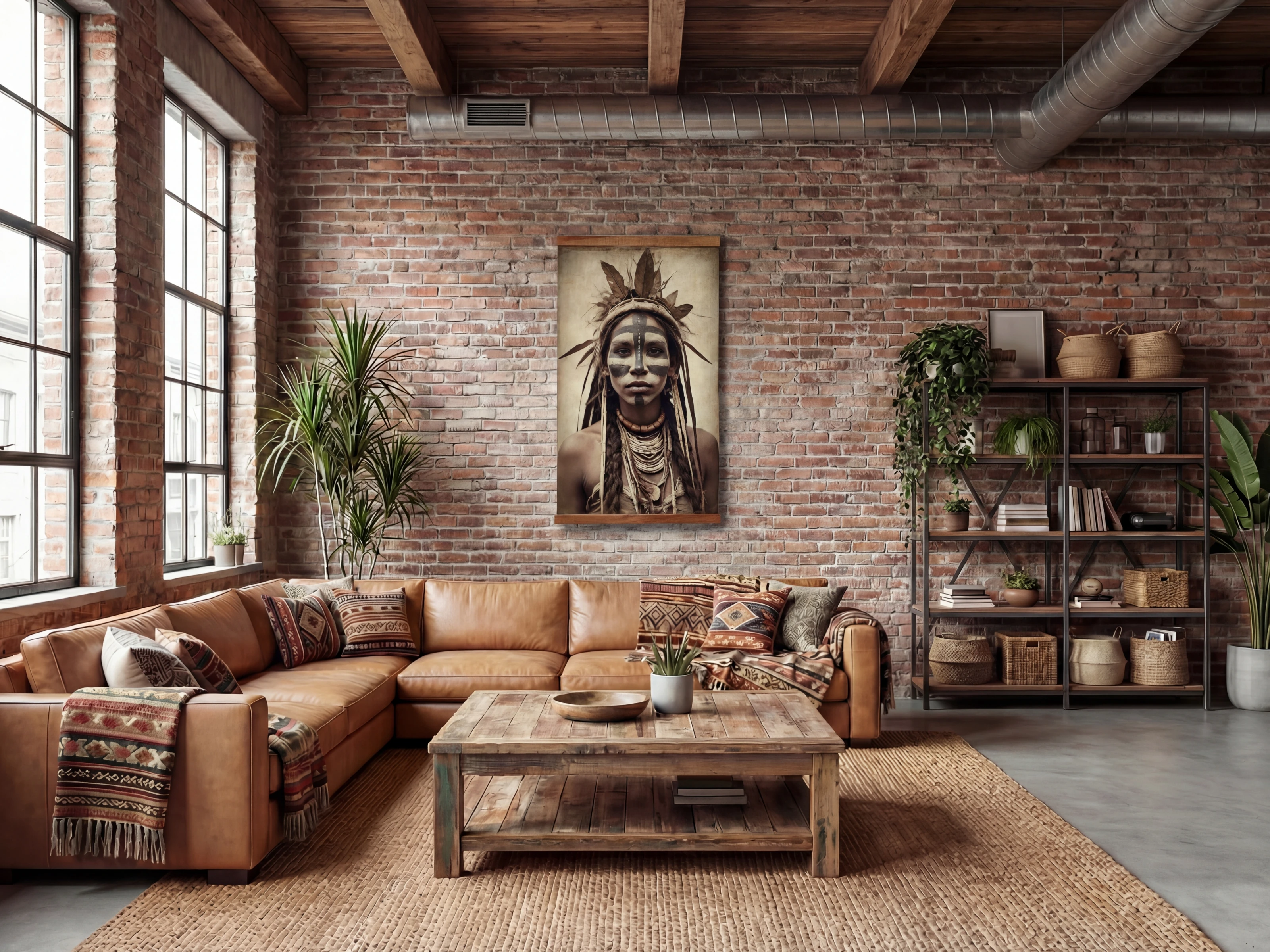 Wohnbeispiel mit Canvas Wandbild 90×150 ’Ancestral Lines‘ Frontansicht über Ecksofa, rustikaler Holztisch & Regalwand.