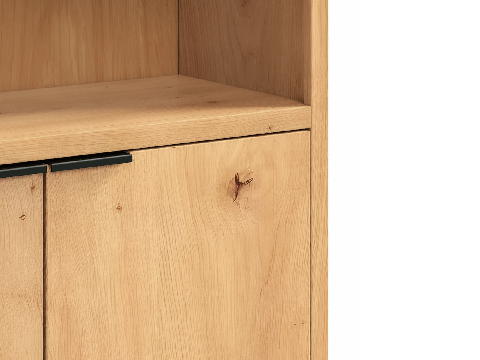 Bücherregal Sydney Wildeiche (Freisteller 45°): Detailansicht geölte Holzmaserung und Griffleisten. Bücherregal Sydney Wildeiche (Freisteller 45°): Detailansicht geölte Holzmaserung und Griffleisten.