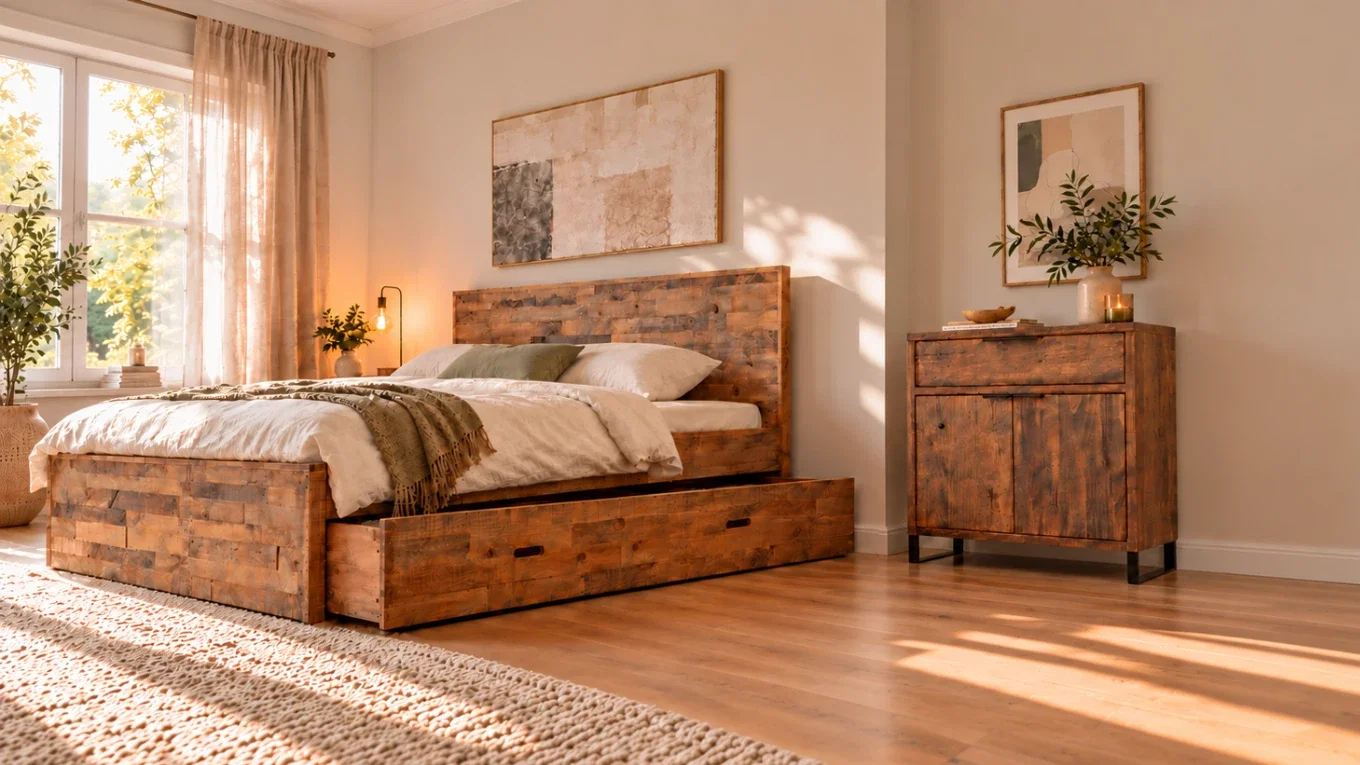 Schlafzimmer mit Bett mit Schubkasten und geschlossener Kommode als Stauraumlösungen für kleine Räume