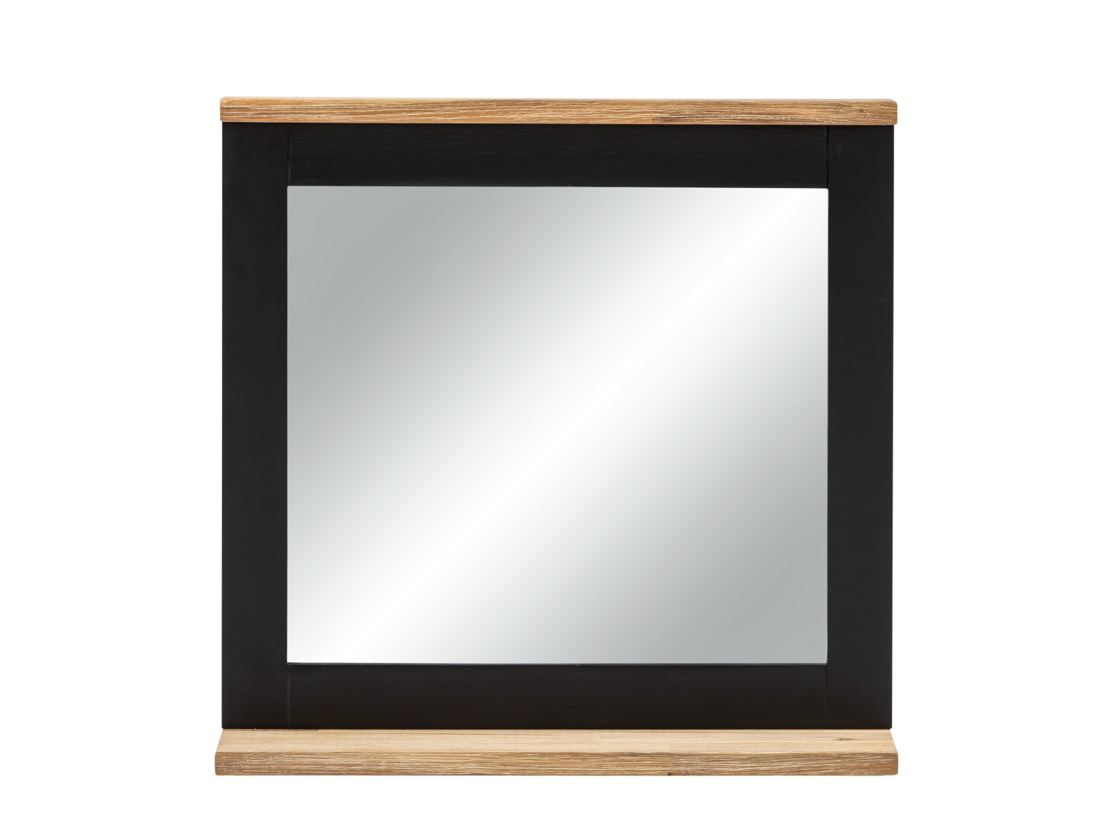 Freisteller: Badspiegel Jolo (51×50×15 cm), Frontansicht. Lackierter Akazienholzrahmen in Schwarz mit Ablage oben und unten.