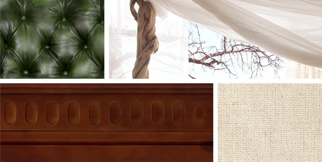 Koloniale Wohnstil-Collage mit dunklen Holzmöbeln, Leder, Rattan, warmen Erdtönen und Pflanzen, gemütliches Vintage-Interieur.