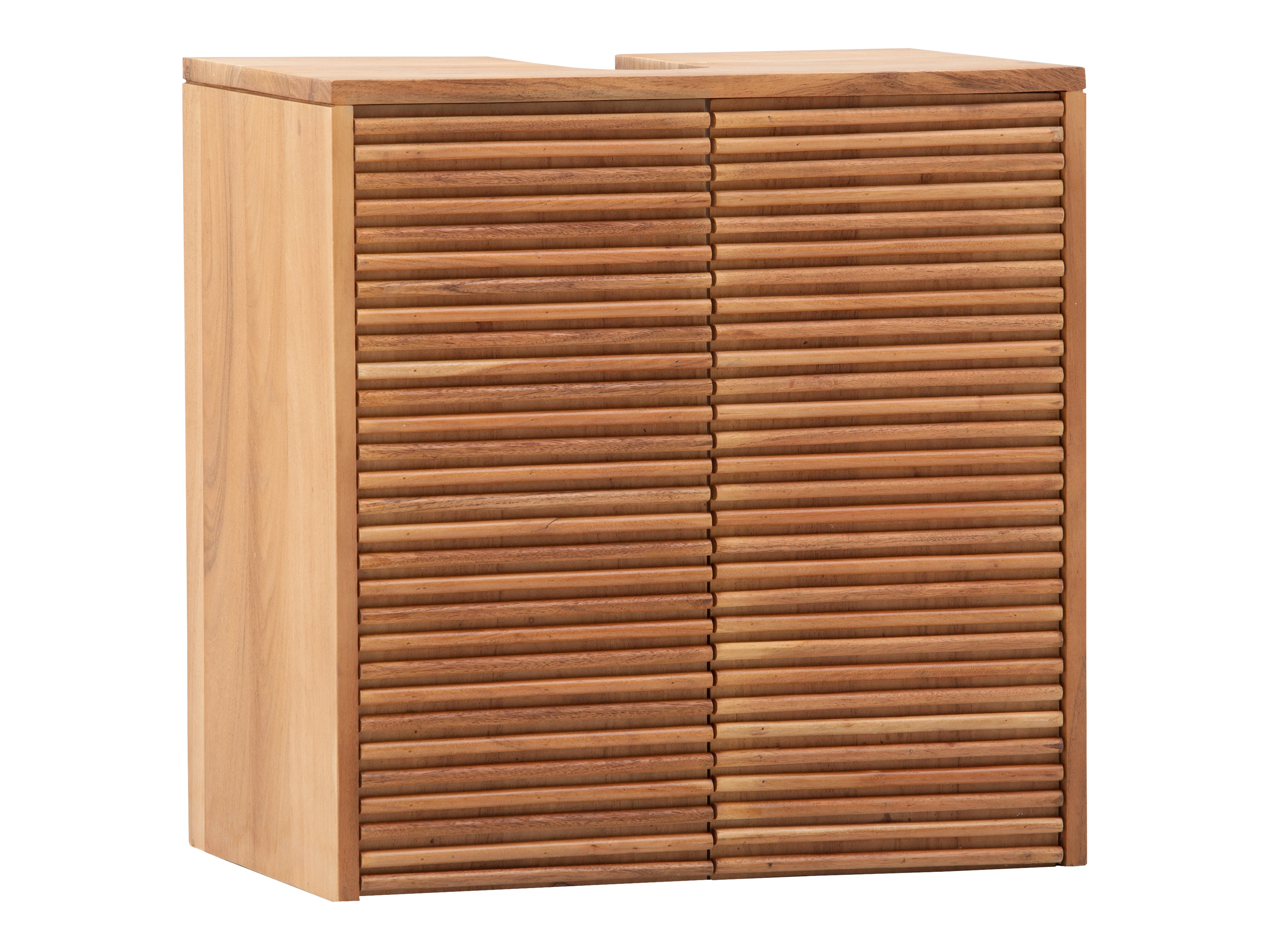 Freisteller in Frontansicht: Badmöbel-Set Kali Akazie aus lackiertem Akazienholz in Braun mit geschlossenen Lamellentüren