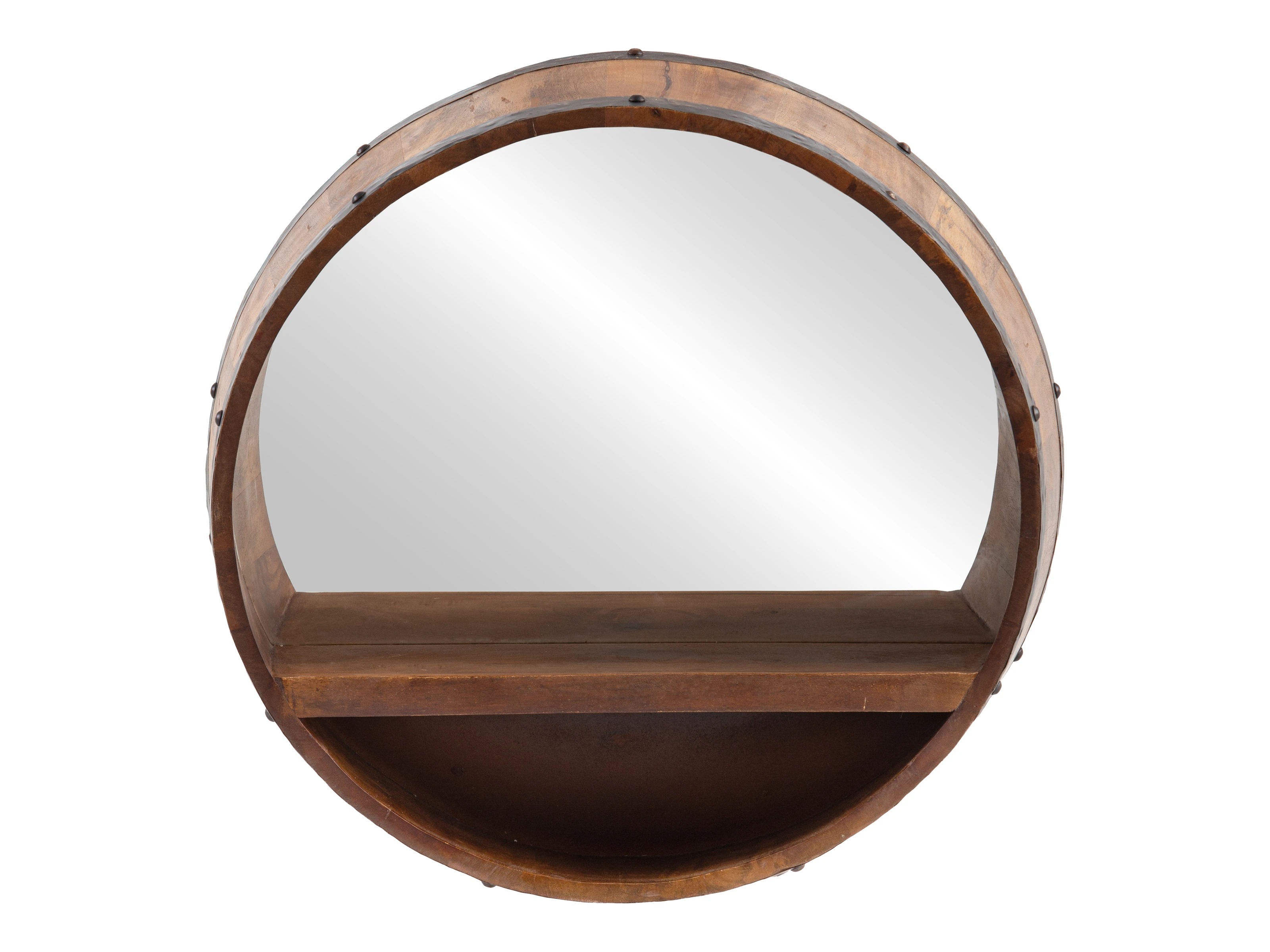 Frontansicht Freisteller: Badspiegel Barrel – runder, lackierter Holzspiegel mit Ablagefach, 55×55×22 cm