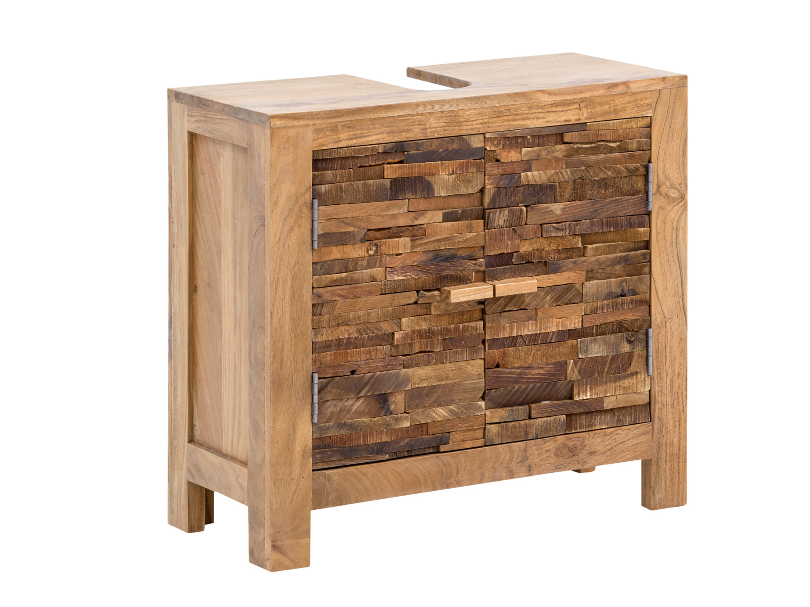 Freisteller (45°): Waschbeckenunterschrank Matay aus lackiertem Akazienholz natur, 2 Türen, 67×61×30 cm, Siphonausschnitt