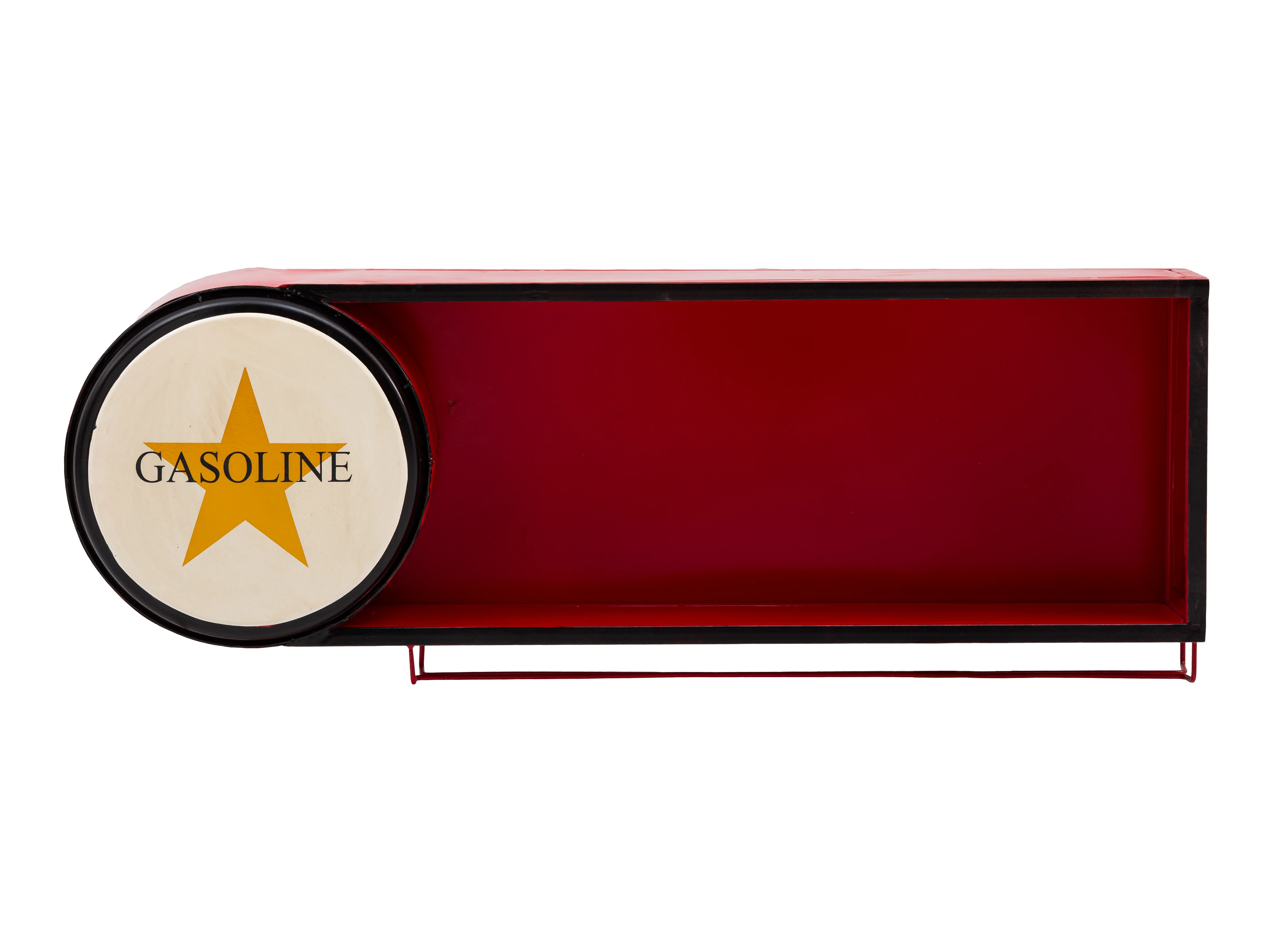 Wandregal Gasoline Freisteller Frontansicht: Lackiertes Metallregal in Rot (115×40×25 cm) mit rundem Motiv und offenem Fach