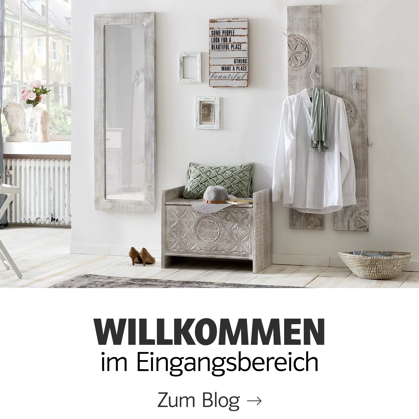 Kachelübersicht mit "Willkommen"-Schriftzug, verschiedene Holz- und Produktkacheln in warmen Tönen, einladende, moderne Präsentation