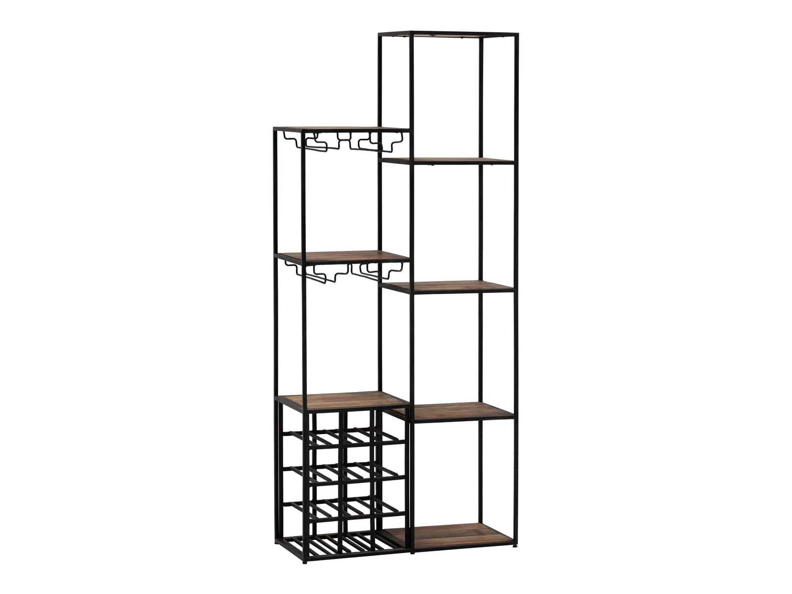 Freisteller Regal Aro aus lackiertem braunem Holz und schwarzem Metall (73×165×30 cm), 45°-Ansicht mit variablen Ablagen, Weinflaschen- und Glashalter