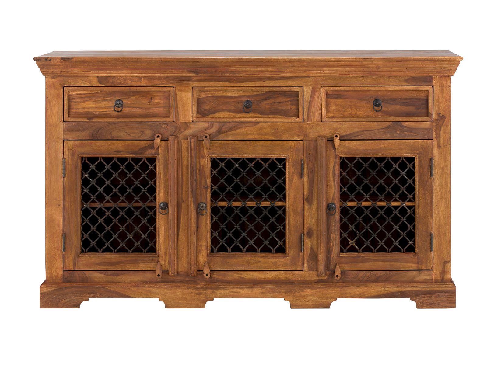 Sideboard Merlino, lackierte Akazie, 148×43×85 cm, 3 Schubl., 3 gittertürige Fächer, Freisteller Frontansicht
