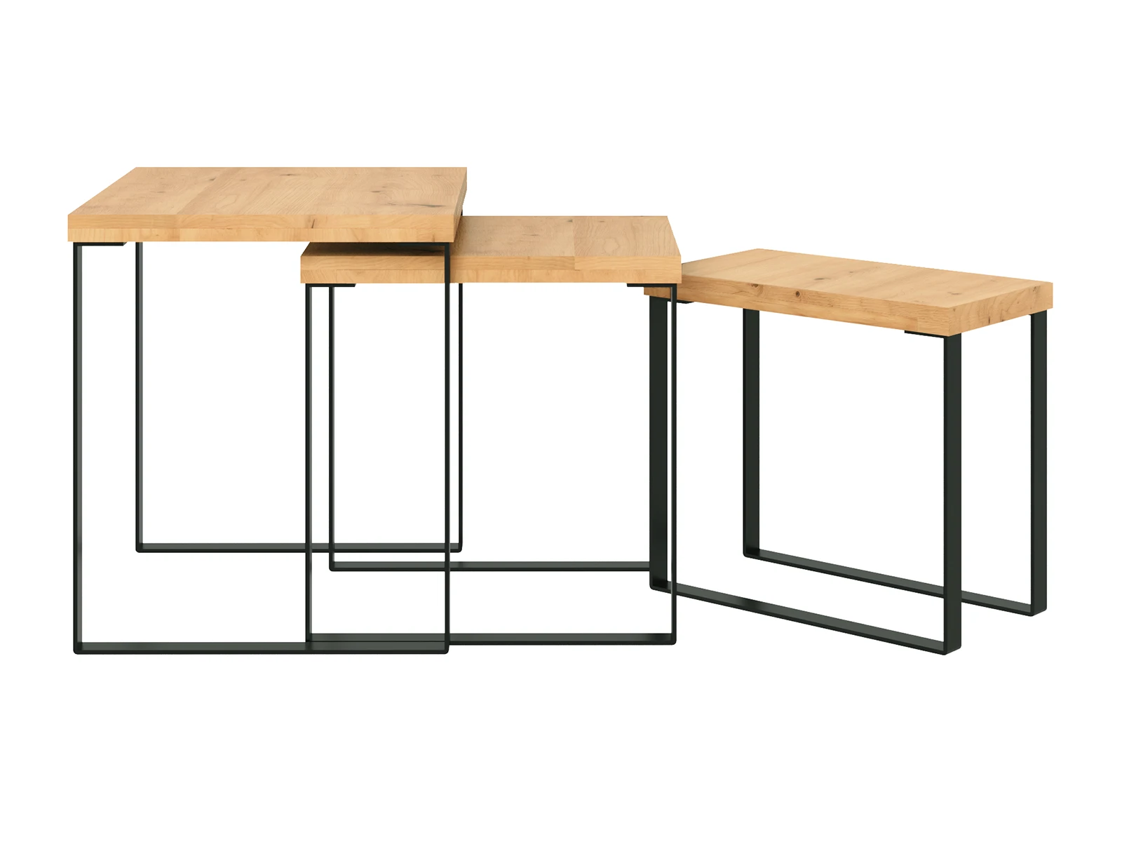 Freisteller 45°-Ansicht: Couchtisch-Set Sydney Wildeiche, geölte Eichentische H48×B46×T42 cm auf schwarzem Metallgestell Freisteller 45°-Ansicht: Couchtisch-Set Sydney Wildeiche, geölte Eichentische H48×B46×T42 cm auf schwarzem Metallgestell