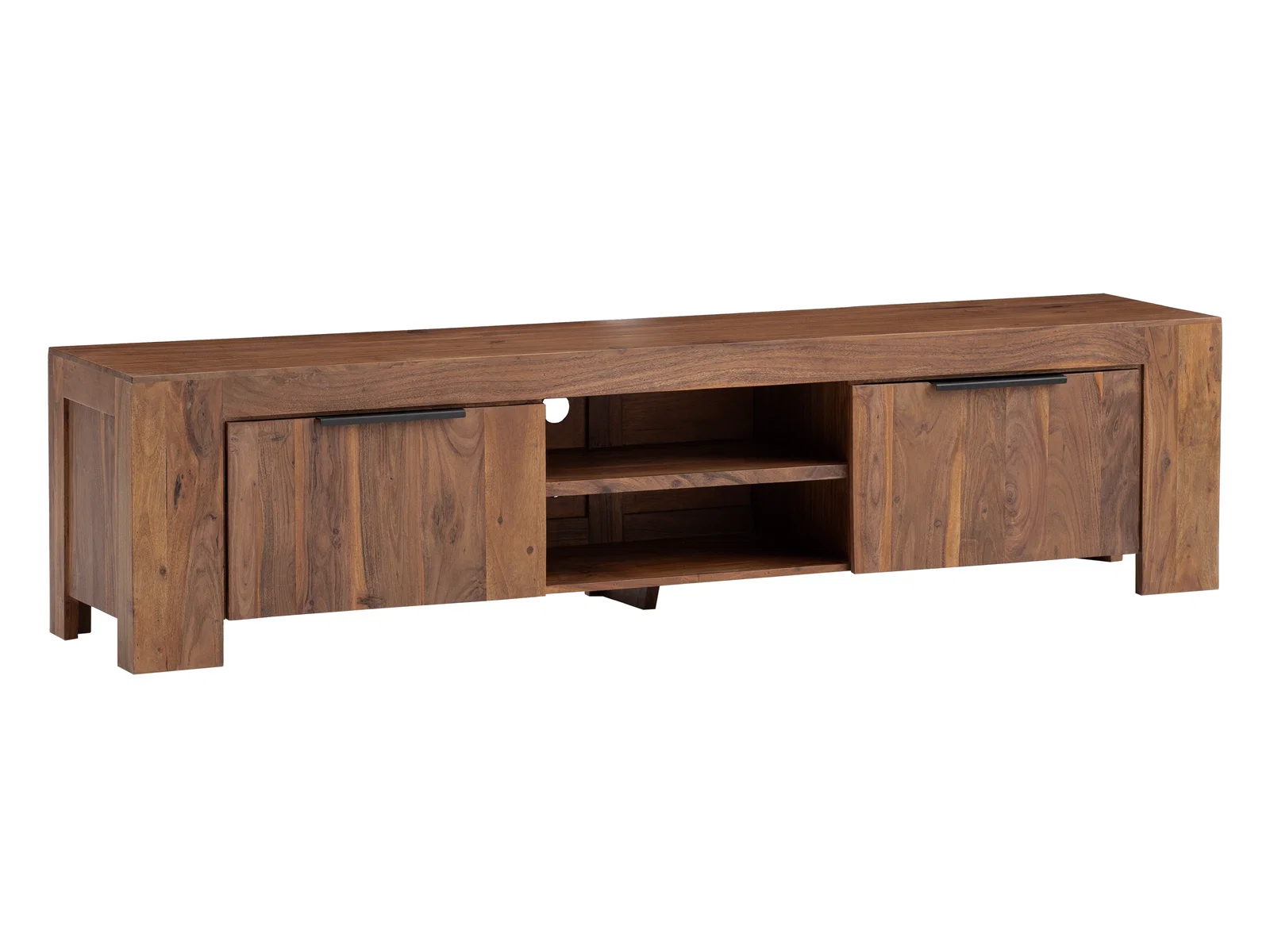 Freisteller TV-Bank Osbon aus lackierter Akazie, 200×48×45 cm – TV-Lowboard mit 2 Türen und 2 offenen Fächern, Frontansicht.