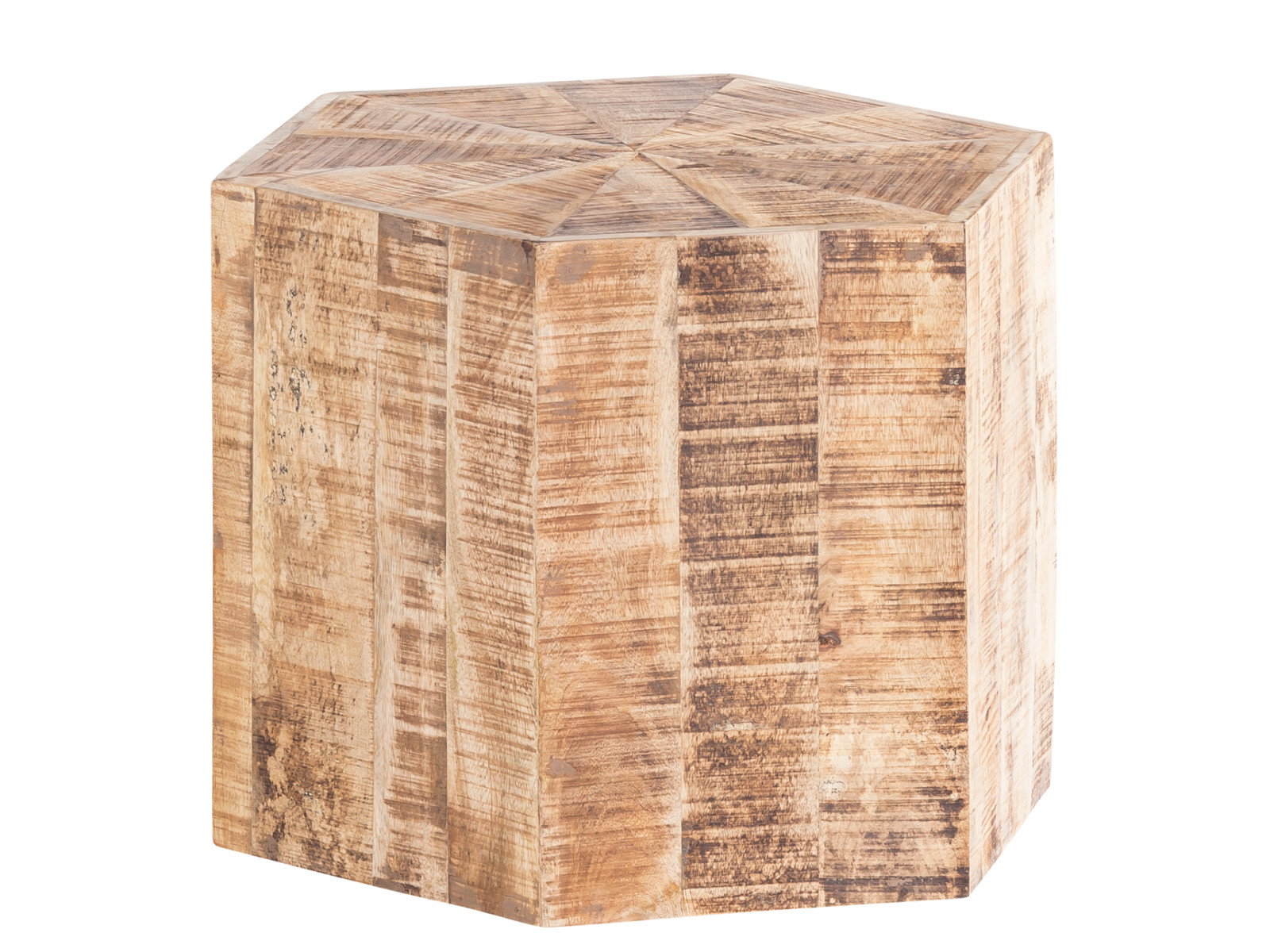 Freisteller 45°-Ansicht: Moderner sechseckiger Couchtisch „Caribou 3er Set“ aus lackiertem Mangoholz (H45×B50×T50 cm) in Natur.