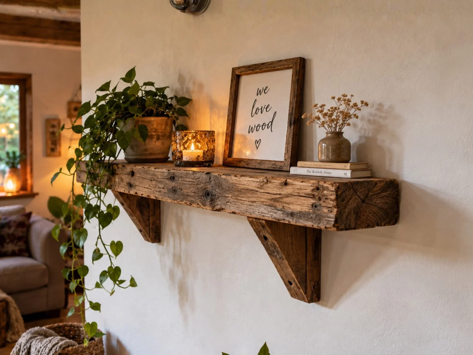 Rustikales Wandregal aus Altholz mit gerahmtem Schriftzug, Pflanze und kleiner Dekoration an einer hellen Wand