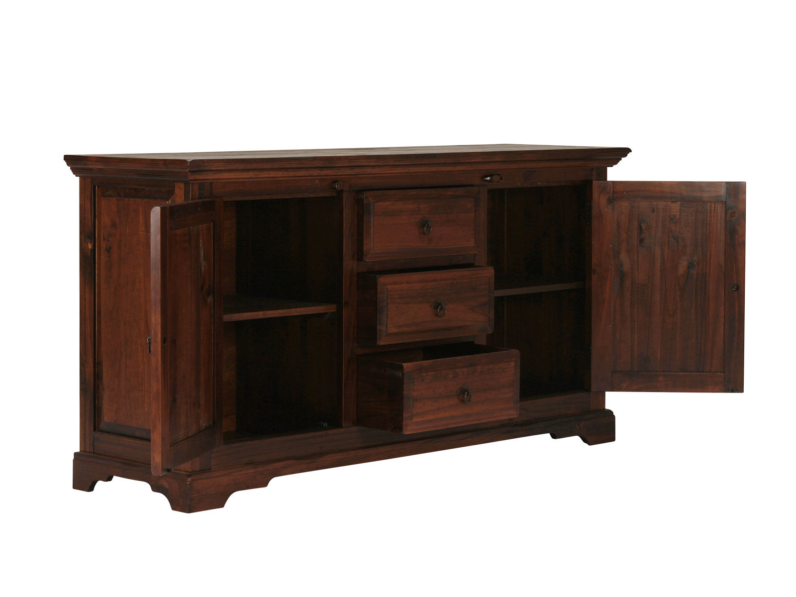 Freisteller: Sideboard Catana braun (170×90×50 cm) in lackierter Pinie, Frontansicht mit 2 geöffneten Türen und 3 Schubladen