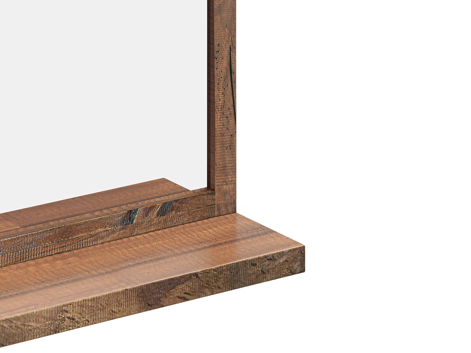 Detailansicht Ecke des Spiegels Sydney (138×60 cm) in braun lackierter Pinie, Holzoberfläche, Freisteller Detailbild 45°-Ansicht der lackierten Pinie-Holzoberfläche des Badset 2tlg. groß Sydney in dunkelbraun (Freisteller)