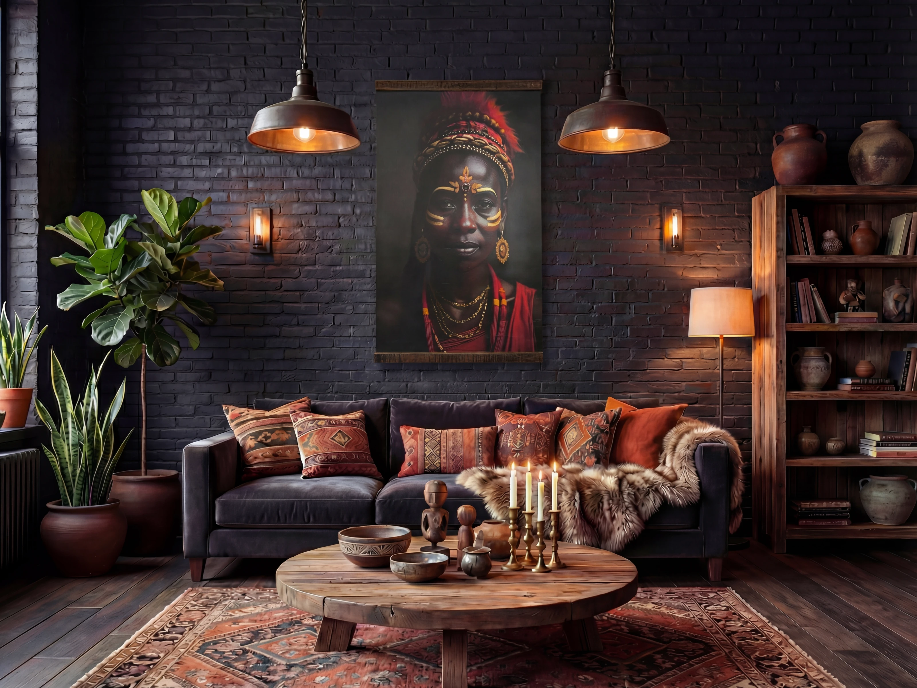 Stoff-Canvas Wandbild „Queen of Colors“ 90x150 cm Frontansicht als Wohnbeispiel mit Sofa, Holztisch und Dekoration